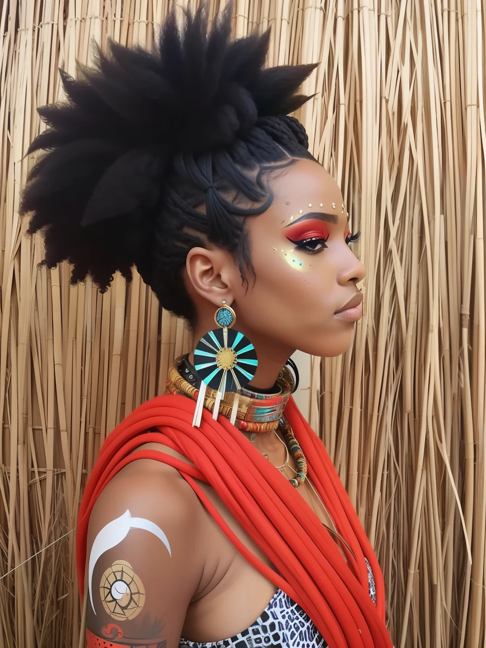 um close up de uma mulher com um rosto pintado e um vestido vermelho, maquiagem tribal, afrocentric mysticism, afrofuturista, Afrofuturista, afropunk, Joias africanas intrincadas, afro futurista, estilo afrofuturismoo, Justina Blakeney, afro - estilo futurista, samurai bonito com afro, afrofuturismo, futurismo afro, intrincada maquiagem vodu