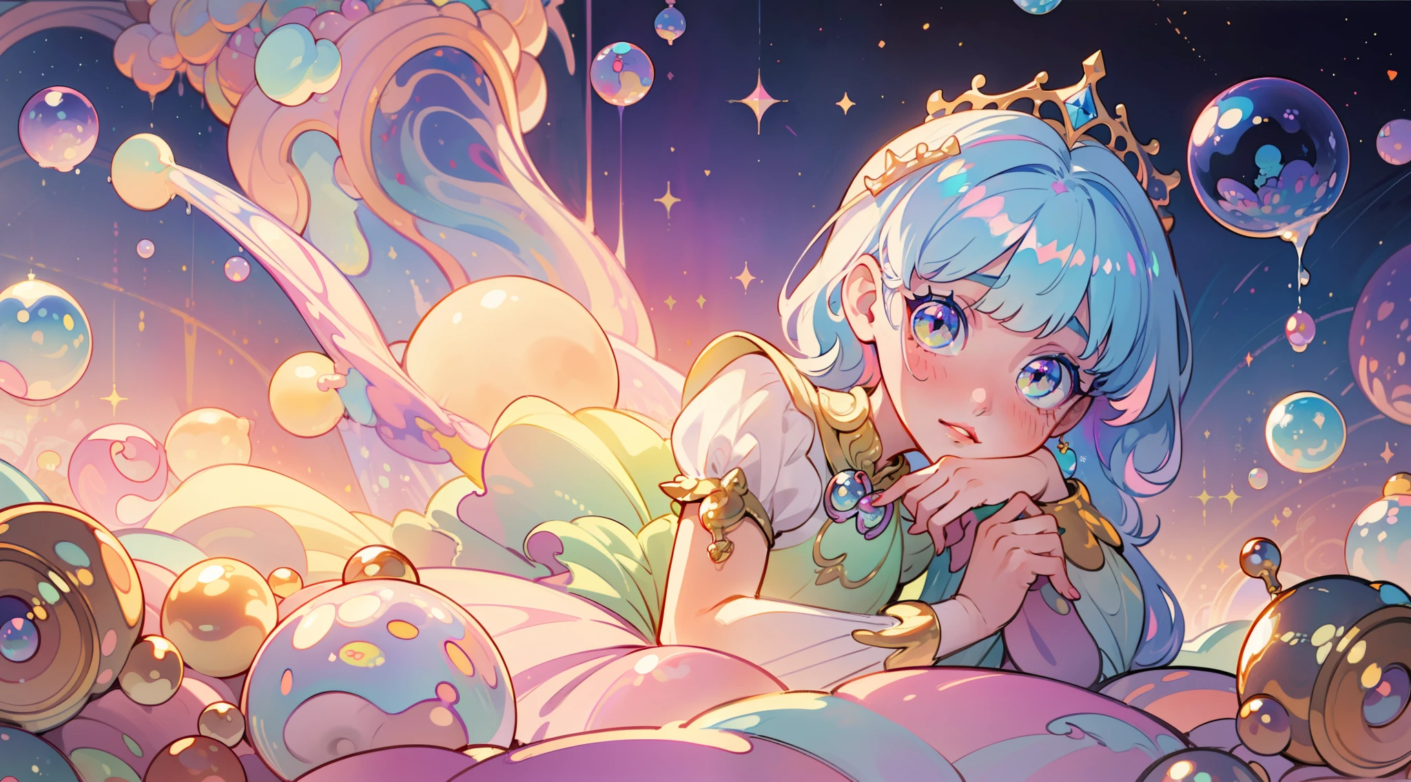 masterpiece, best quality, 8k resolution, sharp focus, intricate detail, beautiful girl, sparkling eyes, golden ratio face, otherworldly liquid, watercolor, ((pastel colors)), bright colors, whimsical, colorful, sharp focus, high resolution, fine detail, princess fantasy ballgown, ((round eyes)), iridescent bubbles, castle landscape in background