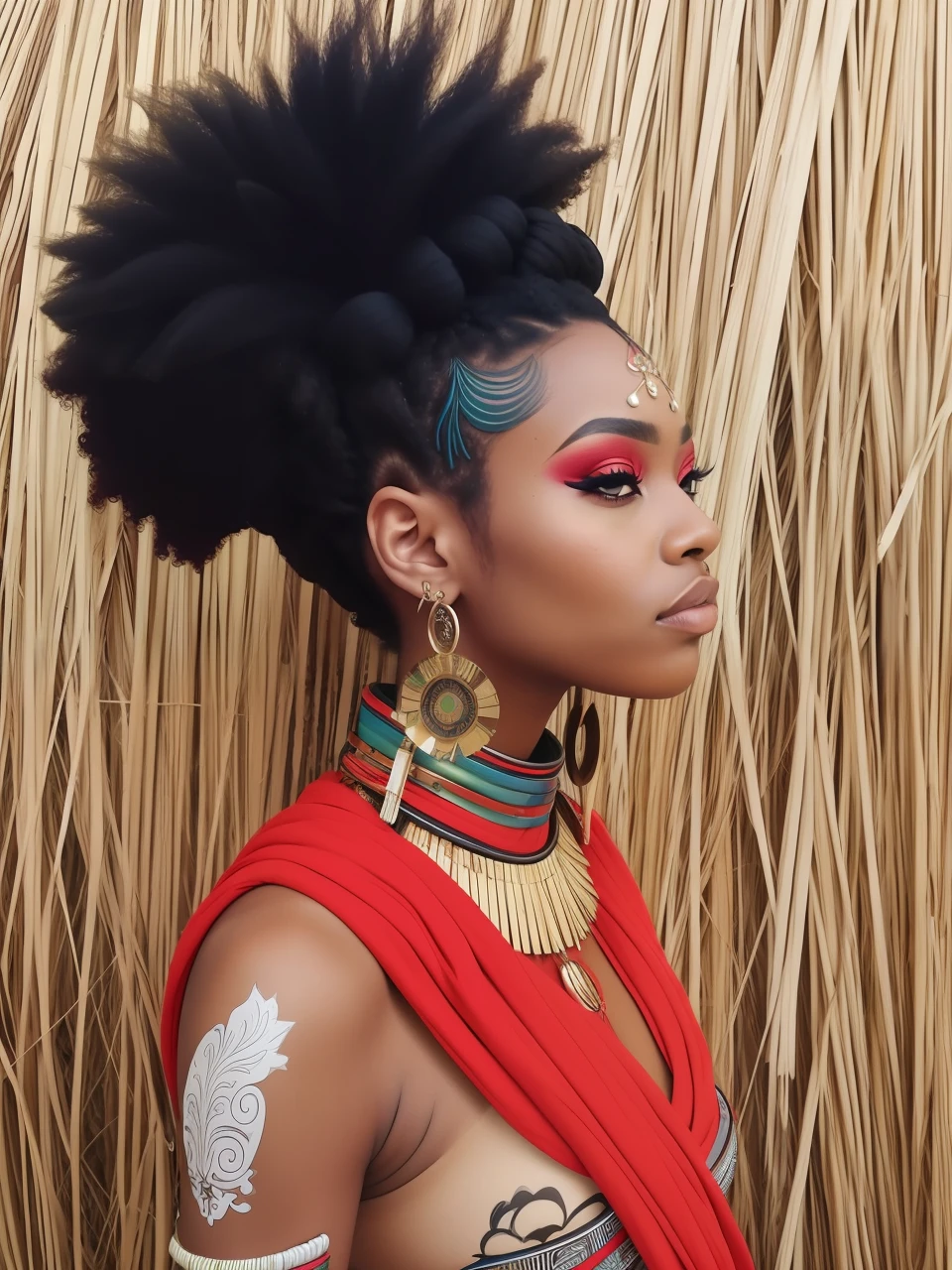 um close up de uma mulher com um rosto pintado e um vestido vermelho, maquiagem tribal, afrocentric mysticism, afrofuturista, Afrofuturista, afropunk, Joias africanas intrincadas, afro futurista, estilo afrofuturismoo, Justina Blakeney, afro - estilo futurista, samurai bonito com afro, afrofuturismo, futurismo afro, intrincada maquiagem vodu