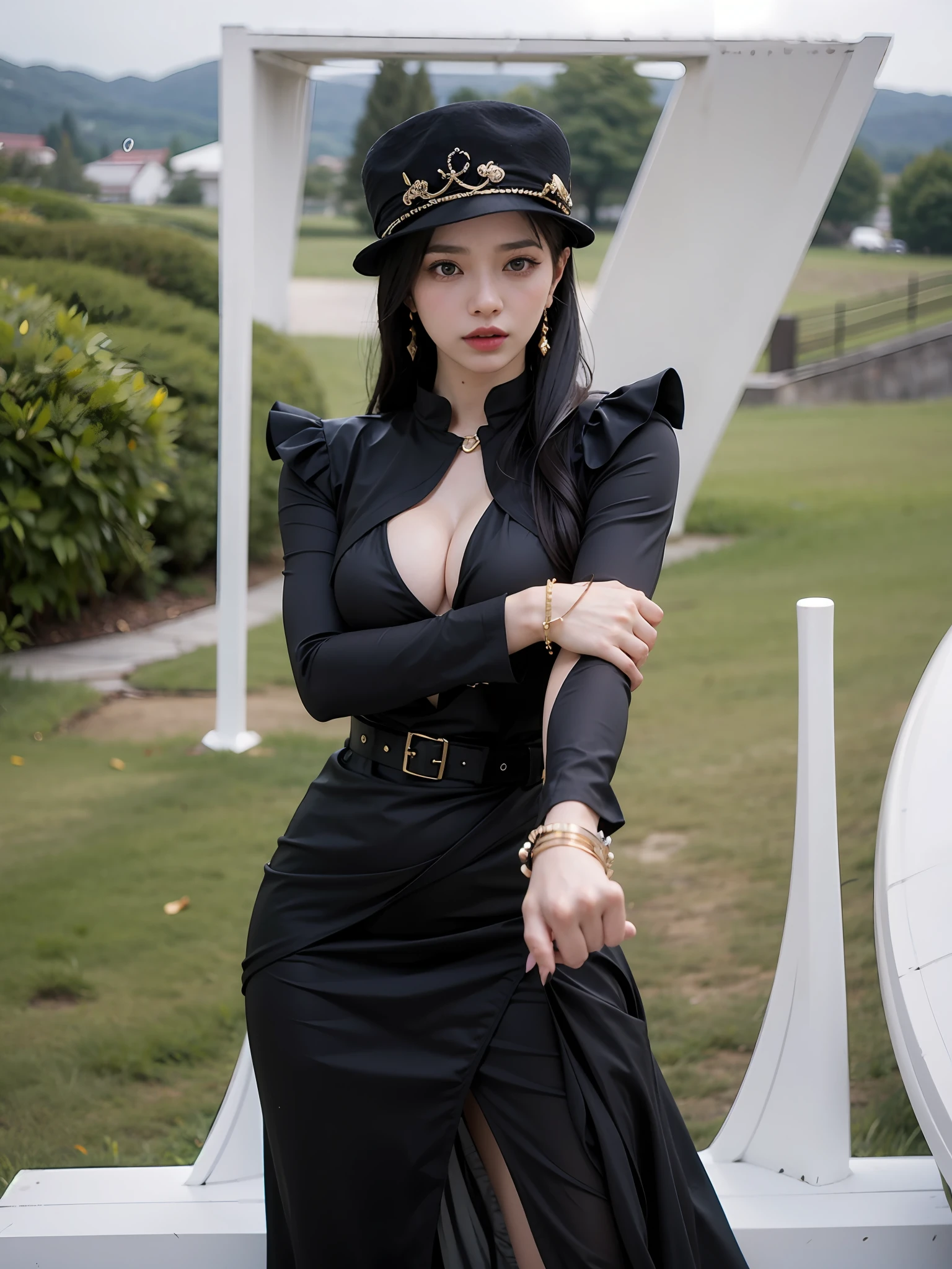 A woman in a black dress and hat poses in front of the Great God, style mix of æon flux, style is a blend of æon flux, julia gorokhova, jovana rikalo, style of julia razumova, alina ivanchenko, full body length shot, gongbi, An Asian woman, Asian woman, lulu chen