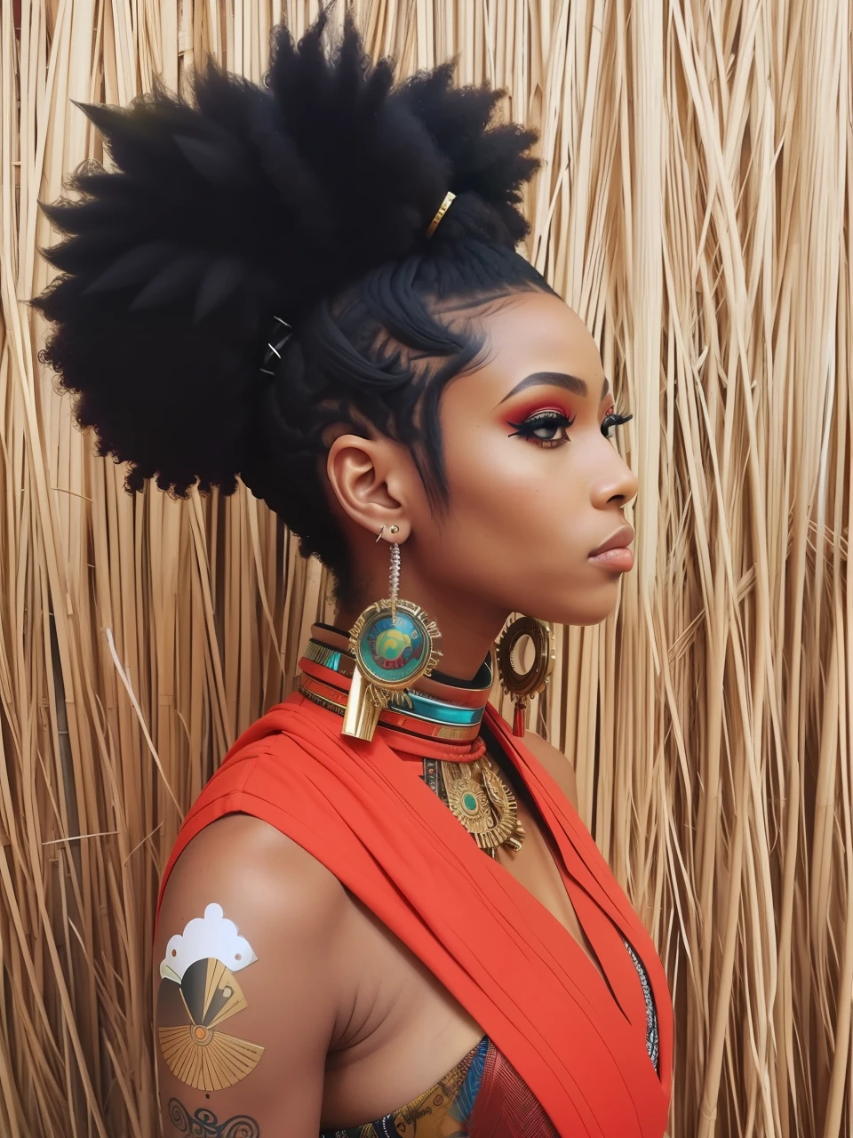 um close up de uma mulher com um rosto pintado e um vestido vermelho, maquiagem tribal, afrocentric mysticism, afrofuturista, Afrofuturista, afropunk, Joias africanas intrincadas, afro futurista, estilo afrofuturismoo, Justina Blakeney, afro - estilo futurista, samurai bonito com afro, afrofuturismo, futurismo afro, intrincada maquiagem vodu
