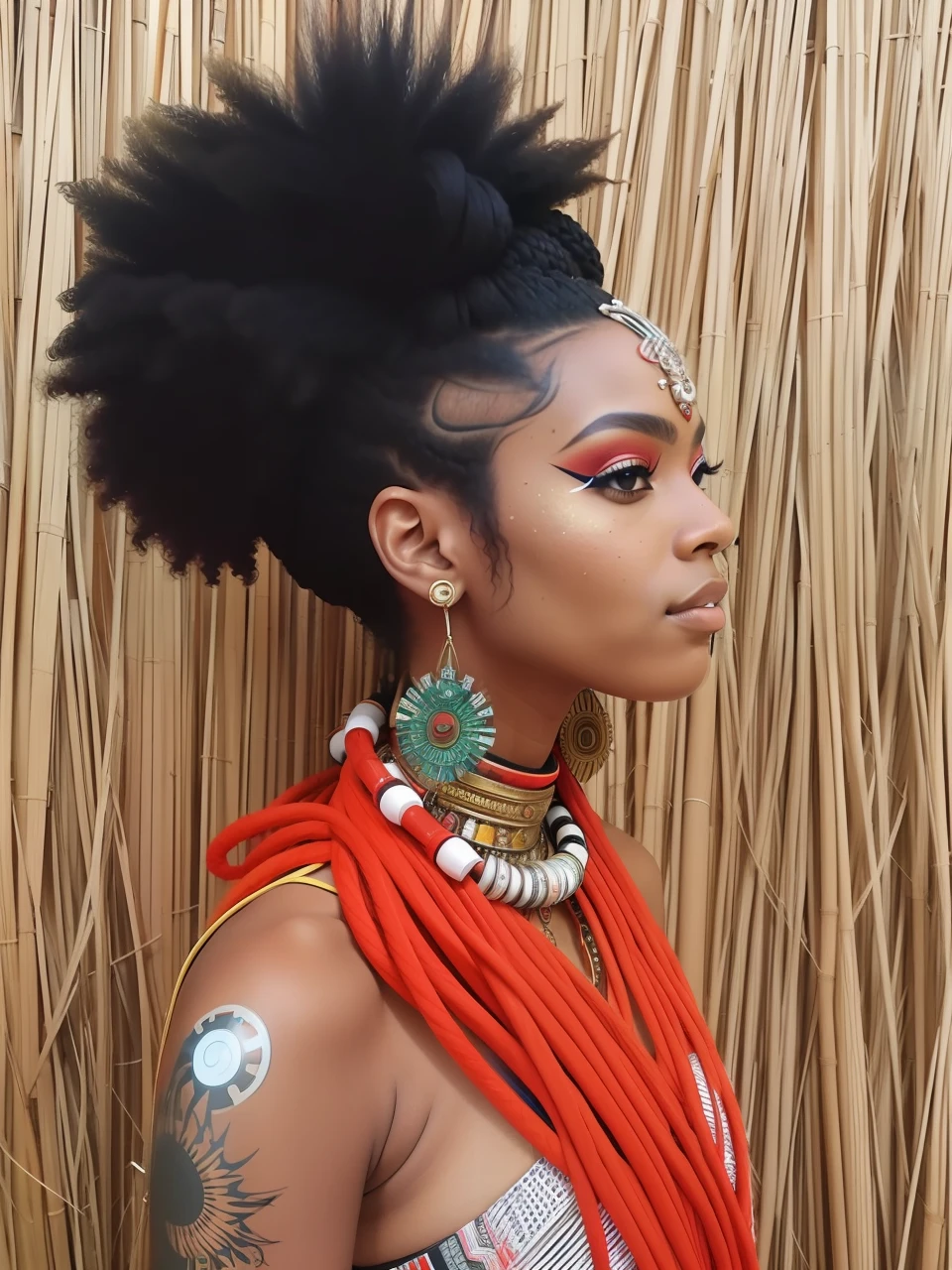um close up de uma mulher com um rosto pintado e um vestido vermelho, maquiagem tribal, afrocentric mysticism, afrofuturista, Afrofuturista, afropunk, Joias africanas intrincadas, afro futurista, estilo afrofuturismoo, Justina Blakeney, afro - estilo futurista, samurai bonito com afro, afrofuturismo, futurismo afro, intrincada maquiagem vodu