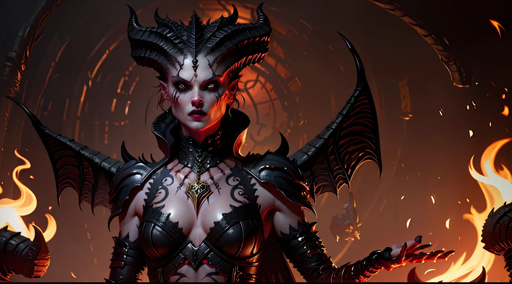 A lilith in the style of D14bl0 dramatic lights red leeches fire cinematic blood