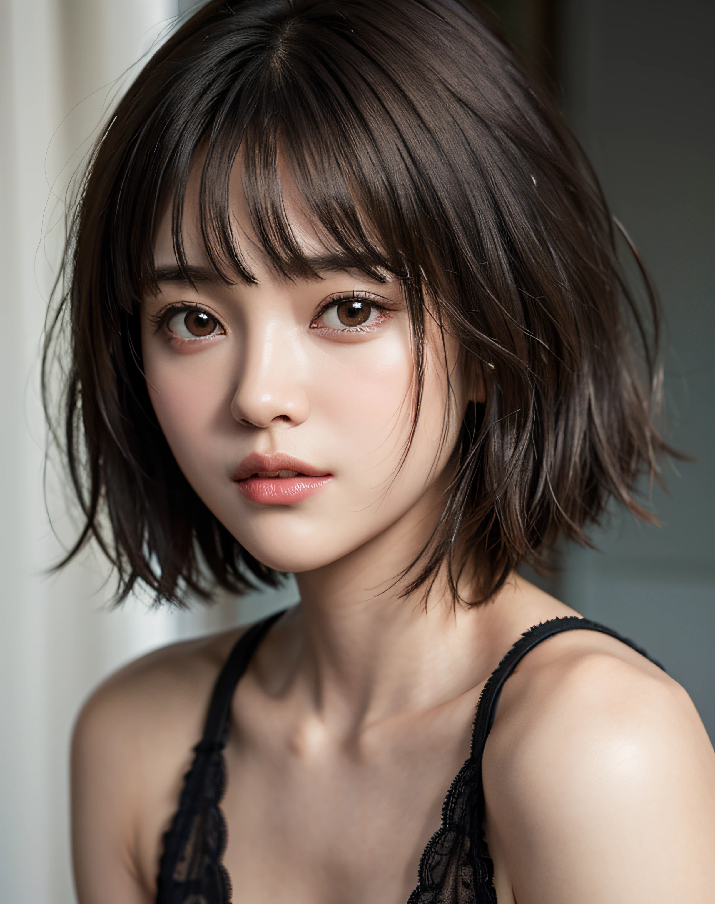 zydG, 1girl, detailed skin, looking at viewer, brown eyes, (short hair with bangs:1.2), (medium breasts:1.0), (medium areolae:0.8), 
(photorealistic:1.4), (best quality:1.0), (ultra highres:1.0), 8k, RAW photo, (masterpiece:0.2), (pureerosface_v1:0.5)