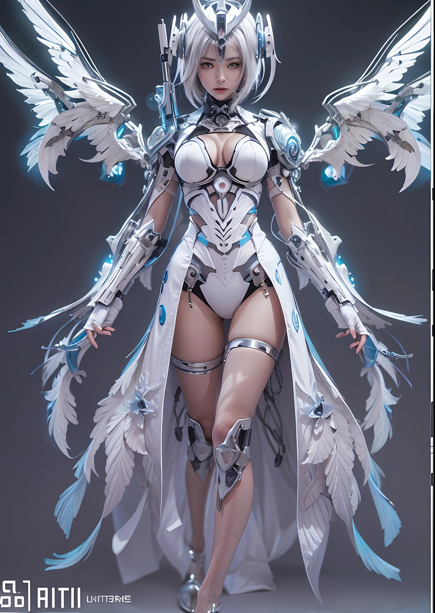 top-quality、​masterpiece、超A high resolution、(Photorealsitic:1.4)、Raw photo、Battle Cyborg Angel、large wings made of metal、White porcelain body、Acrylic Clear Cover、white  hair、glowy skin、1 Cyborg Girl、((super realistic details))、portlate、globalillumination、Shadow、octan render、8K、ultrasharp、character edge light,Colossal tits、Raw skin is exposed in cleavage、Details of complex ornaments、More about the Aztecs、Hydraulic cylinder、Small LED lamp、highly intricate detail、Realistic light、a purple eye、radiant eyes、Facing the camera、neon details、cowboy  shot、Futuristic headgear、About Cyberpunk、、