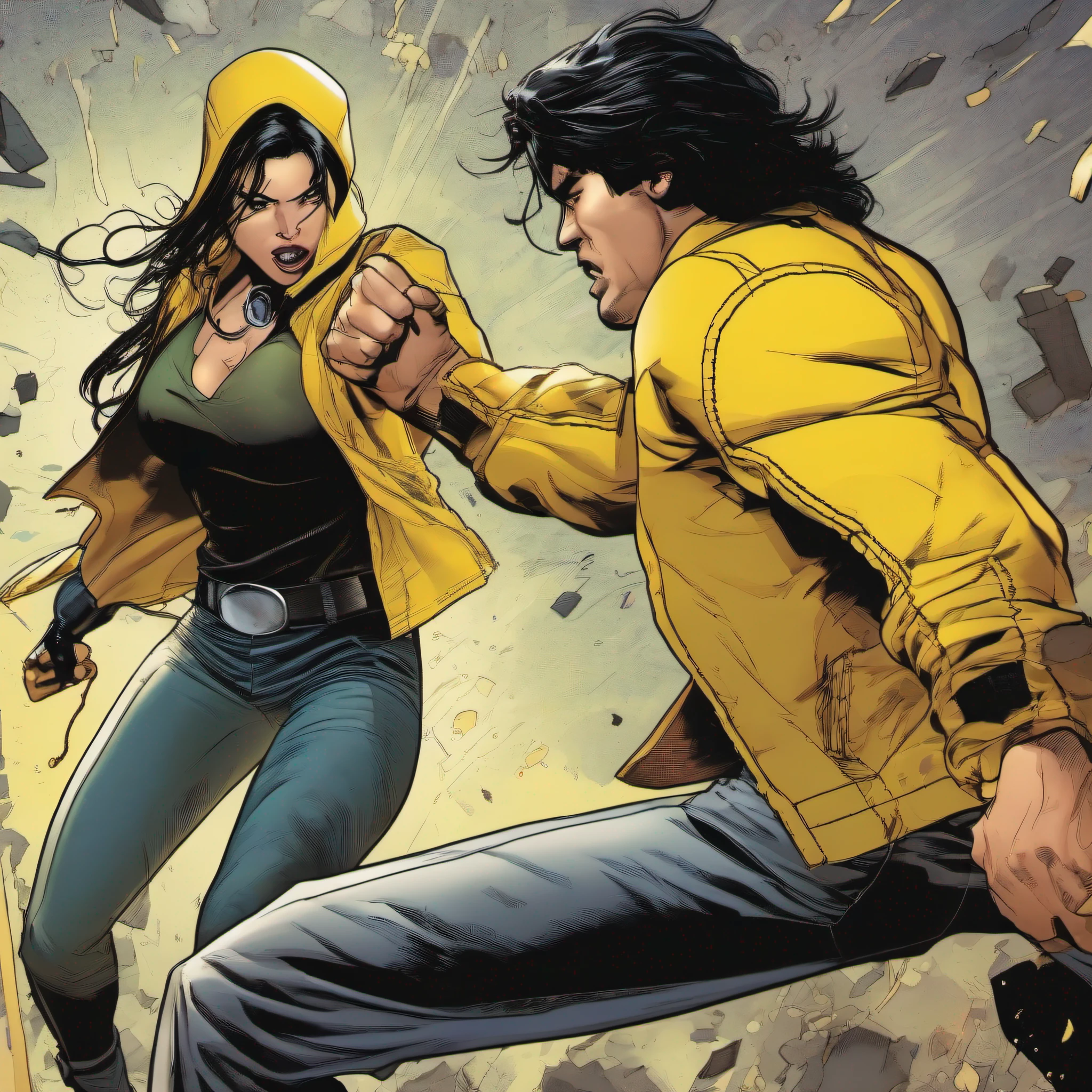 anti-hero, black, straight hair, yellow jacket, yellow blouse, full body. antihero punching a thug in the face.