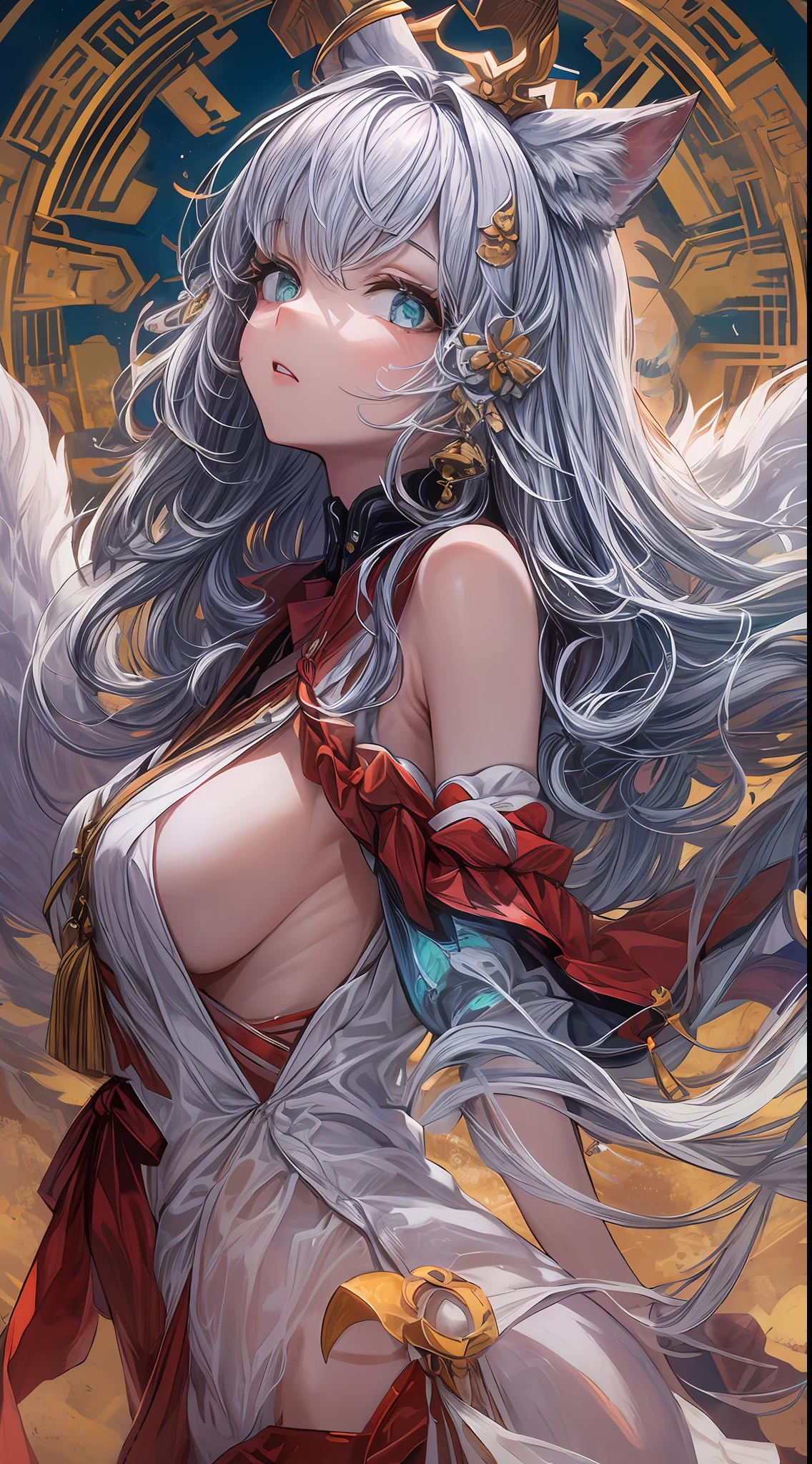 A mesmerizing kitsune miko stands before you, exuding an enchanting aura. Her long, silky silver hair cascades down her back, adorned with delicate crimson ribbons. Two fluffy fox ears peek out from the top of her head, adding to her alluring charm. Her captivating eyes, a mixture of deep emerald and golden hues, seem to hold ancient wisdom. She wears a traditional miko outfit, skillfully modified to exude sensuality, with a low-cut neckline and slit sleeves that reveal a hint of her porcelain skin. The ensemble is completed with a crimson hakama, accentuating her graceful movements.