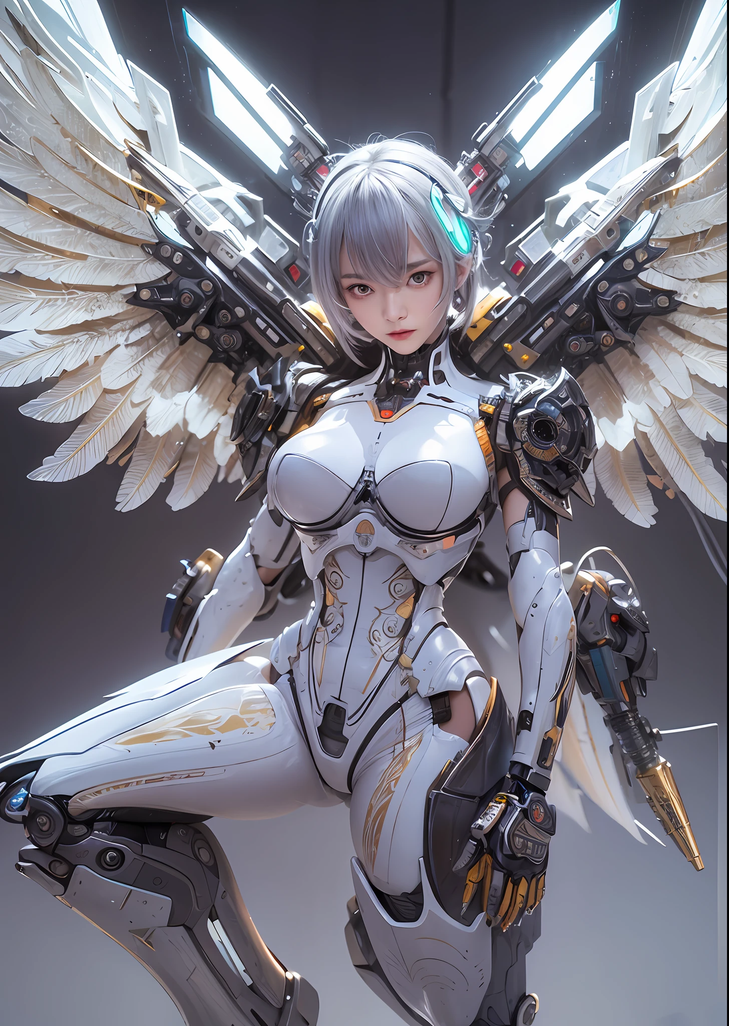 top-quality、​masterpiece、超A high resolution、(Photorealsitic:1.4)、Raw photo、Battle Cyborg Angel、large wings made of metal、White porcelain body、Acrylic Clear Cover、white  hair、glowy skin、1 Cyborg Girl、((super realistic details))、portlate、globalillumination、Shadow、octan render、8K、ultrasharp、character edge light,Colossal tits、Raw skin is exposed in cleavage、Details of complex ornaments、More about the Aztecs、Hydraulic cylinder、Small LED lamp、highly intricate detail、Realistic light、a purple eye、radiant eyes、Facing the camera、neon details、cowboy  shot、Futuristic headgear、About Cyberpunk、、