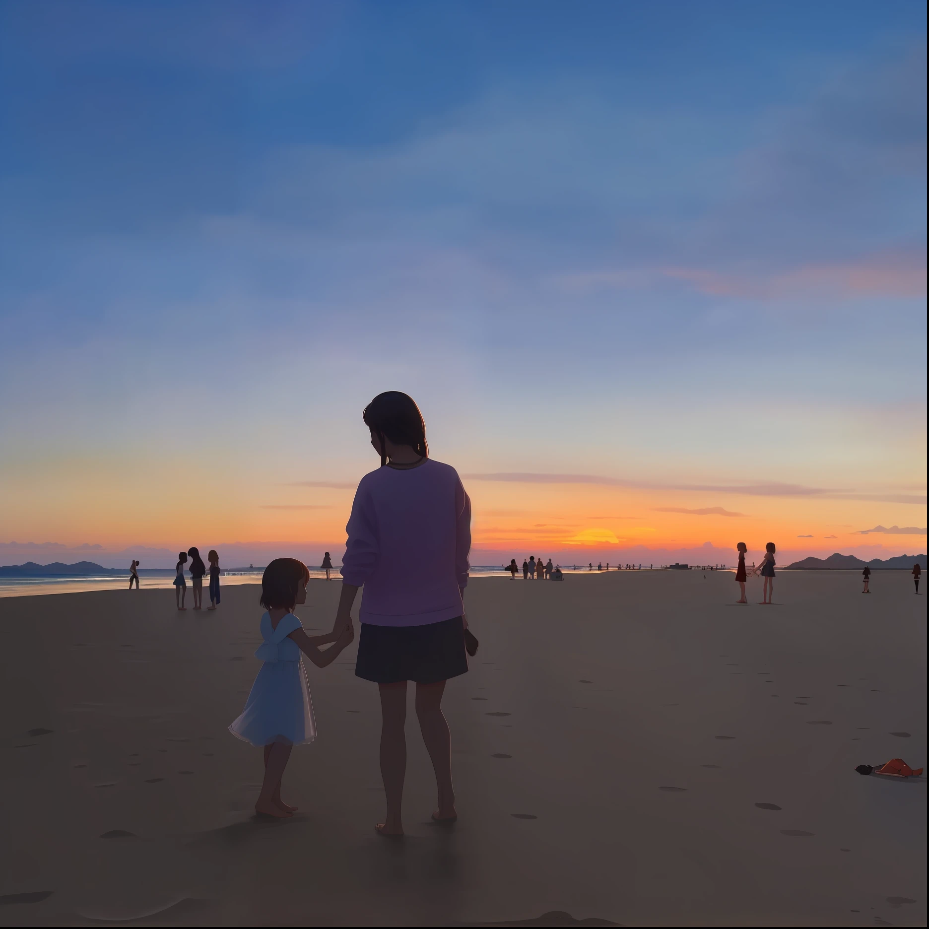 There are women and children on the beach at sunset, on the beach during sunset, at beach at sunset, On the beach at sunset, With sunset, at the sunset, at the beach on a sunset, At sunset, sunset at the beach, standing on the beach at sunset, At sunrise, at a beautiful sunset, during sunrise, late sunset