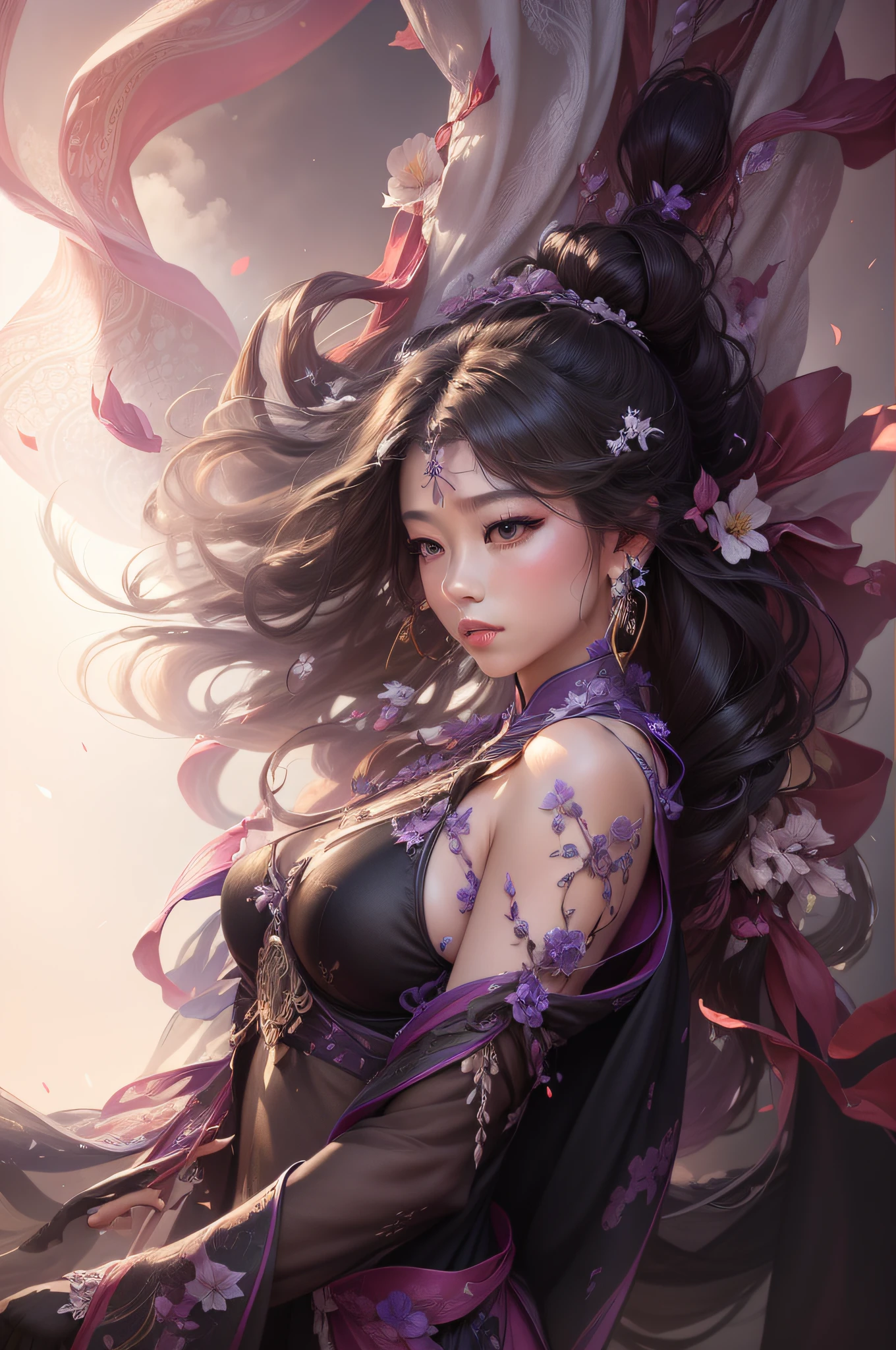 nsfw, zhongfenghua, 1girl, solo, hanfu, ancient_chinese_architecture, flower field, blossom, (white smoke:1.3) (photorealistic:1.4), zentangle, mandala, entangle, official art, unity 8k wallpaper, ultra detailed, beautiful and aesthetic, masterpiece,best quality, (dynamic angle:1.4), glowing skin, (floating colorful sparkles:1) the most beautiful form of chaos, elegant, a brutalist designed, vivid colours, romanticism depth of field exotic_dance, half_naked
