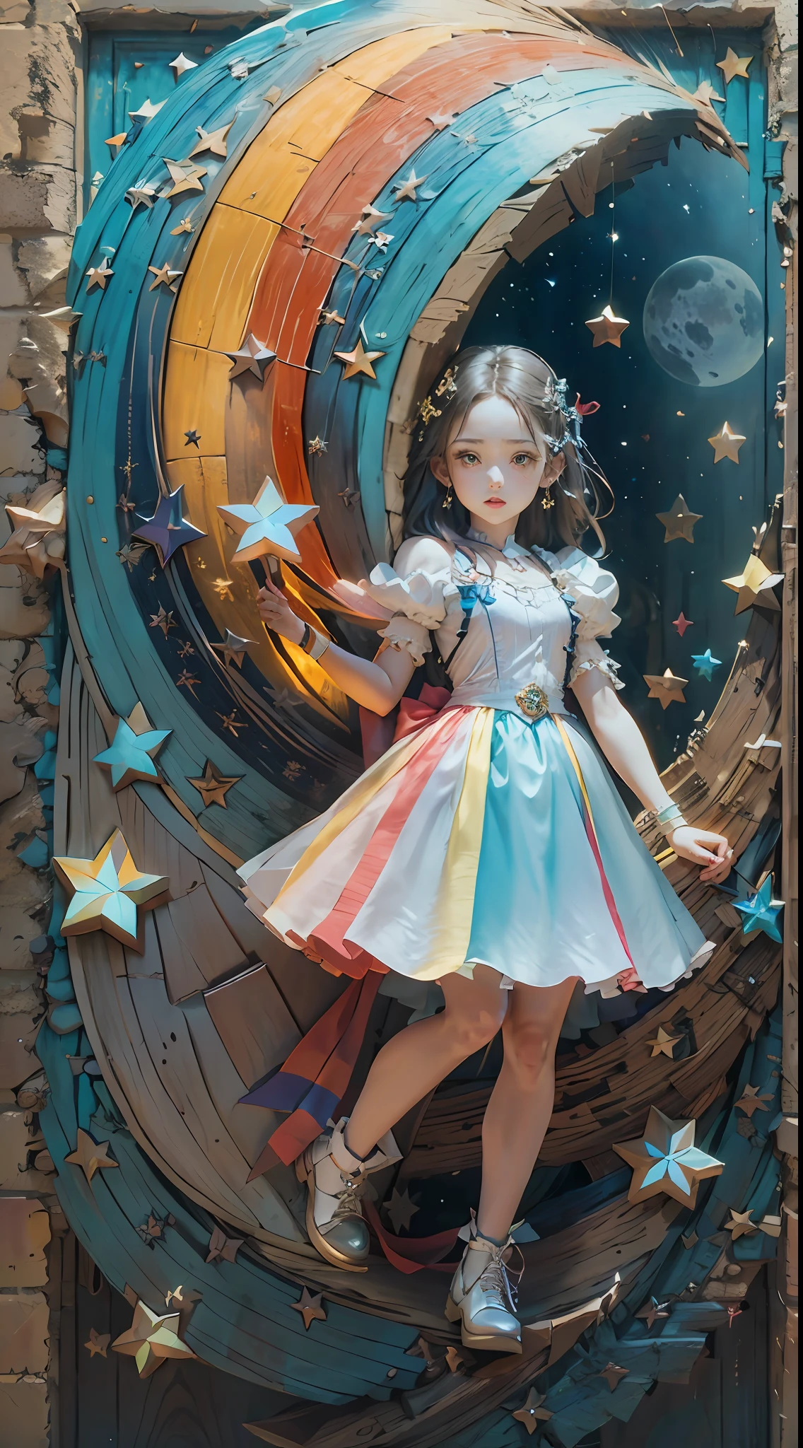 Rainbow colors" Theme,(1 girl,Represents the star,Masterpiece Moon Angel), (popup book:1.5), a 3D render),(Best quality, Detailed details, Masterpiece, offcial art, movie light effect, 4K, Chiaroscuro