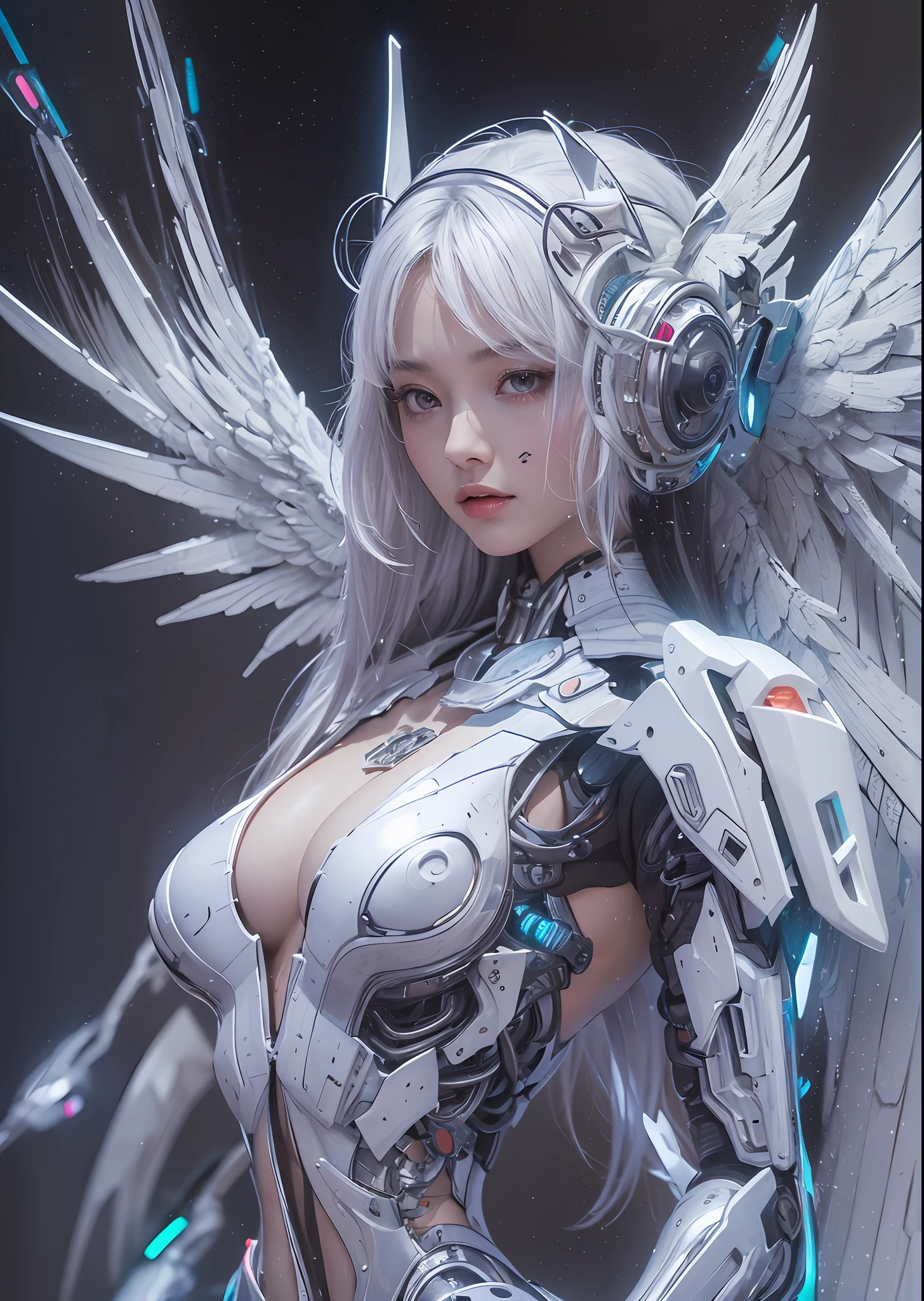 top-quality、masterpiece、超A high resolution、(Photorealsitic:1.4)、Raw photo、Battle Cyborg Angel、large wings made of metal、White porcelain body、Acrylic Clear Cover、white hair、glowy skin、1 Cyborg Girl、((super realistic details))、portlate、globalillumination、Shadow、octan render、8K、ultrasharp、character edge light,Colossal tits、Raw skin is exposed in cleavage、Details of complex ornaments、More about the Aztecs、Hydraulic cylinder、Small LED lamp、highly intricate detail、Realistic light、a purple eye、radiant eyes、Facing the camera、neon details、cowboy shot、Futuristic headgear、About Cyberpunk、、