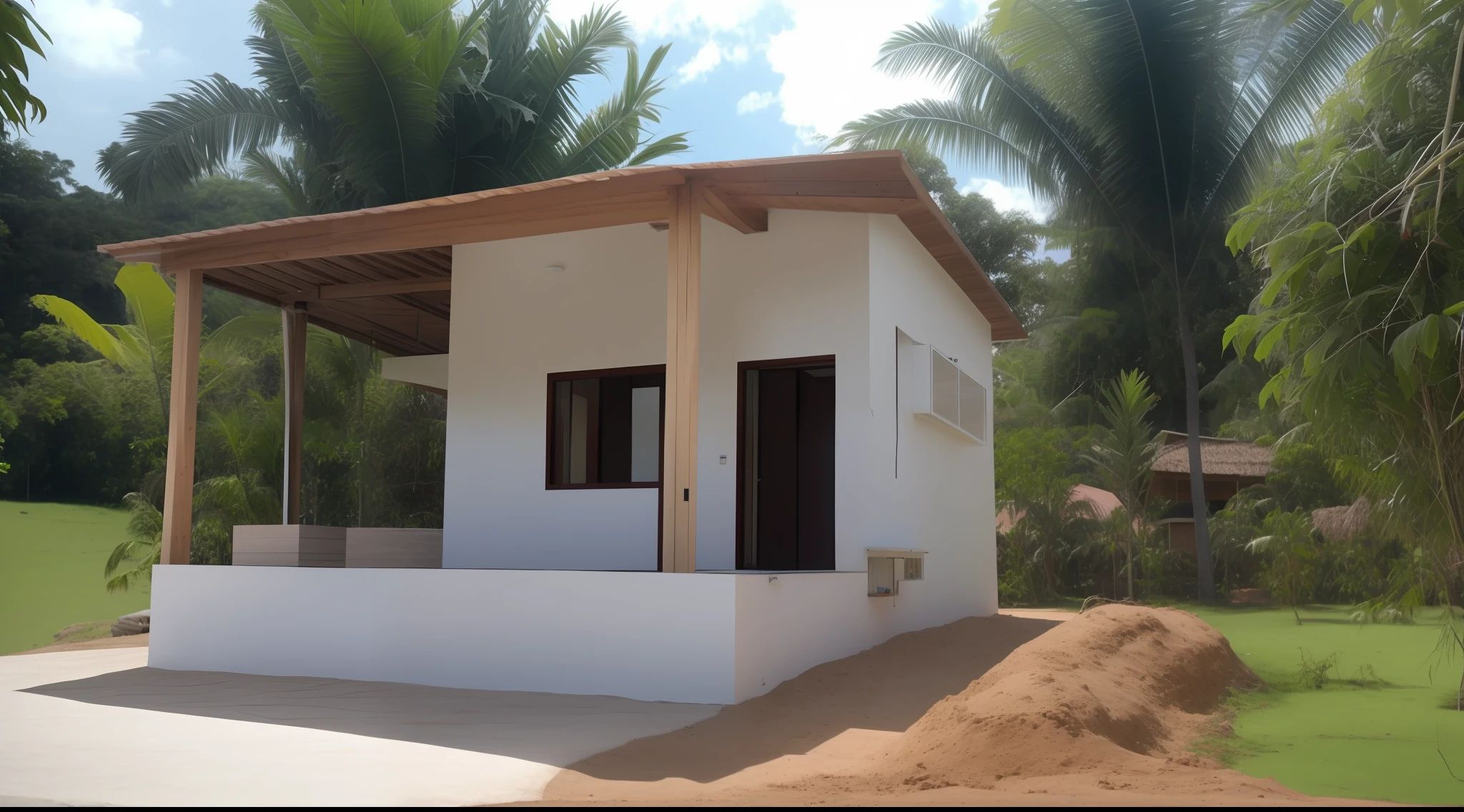 There is a small building that is being built on Earth, testa, testa cheia, imagem central, Casa completa, vista lateral frontal, vista frontal, vista frontal, imagem frontal, vista externa, Front view, Fotografia tirada em 2 0 2 0, imagem limpa, regular build, casa de aldeia, imagem de listagem, cavado stanat, Directed by: Willian Murai