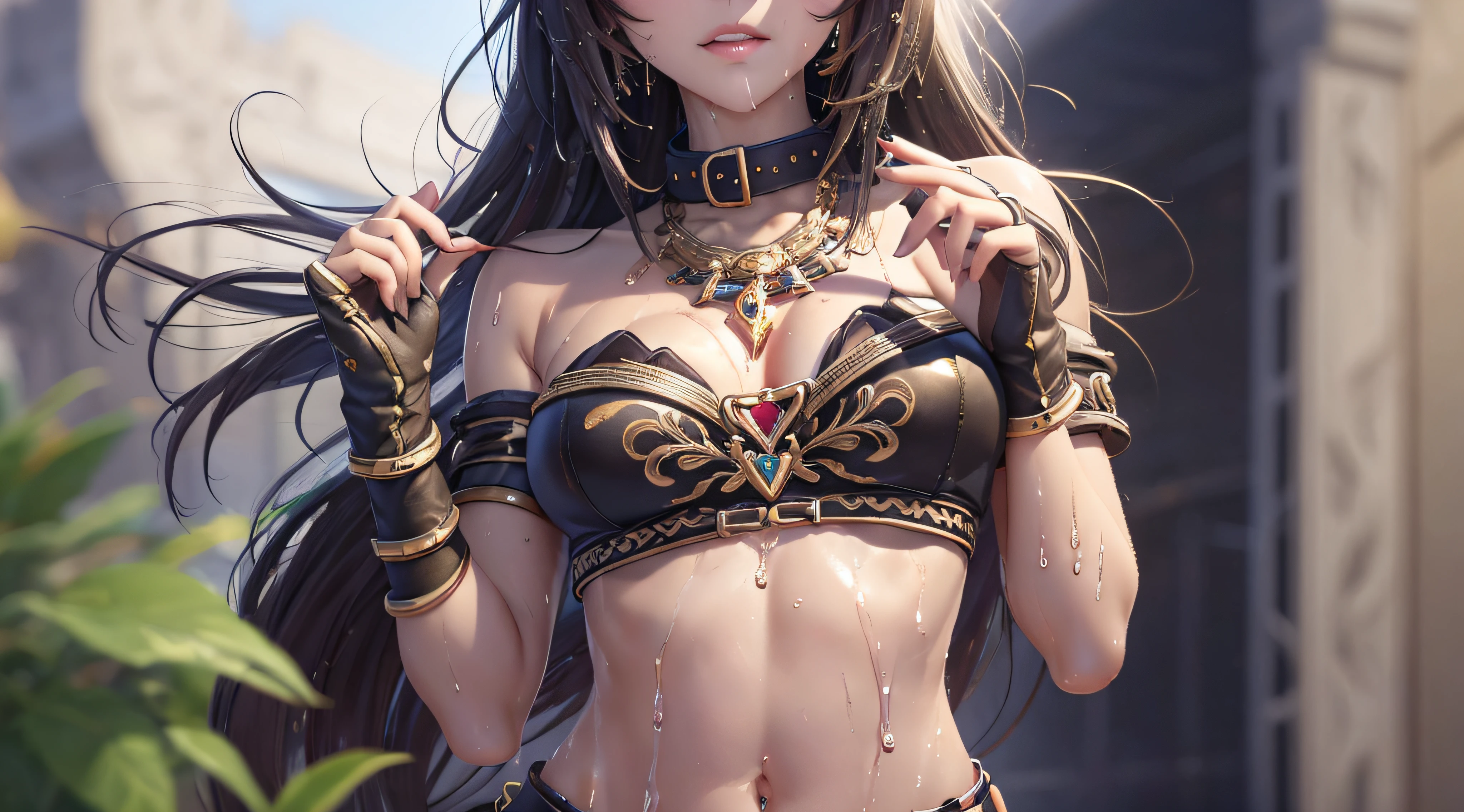 Catgirl, sumisa, collar de cuero, wrist straps, cuello, Hermosa mujer con figura perfecta, abdominales delgados, wet body sweat, Highly detailed Latin facial and skin texture, ojos detallados, 二重まぶた, pose sexy de rodillas, Toma de cuerpo completo  , mexicana, azteca, colores  , cuerpo completo, orejas de gato. --auto --s2