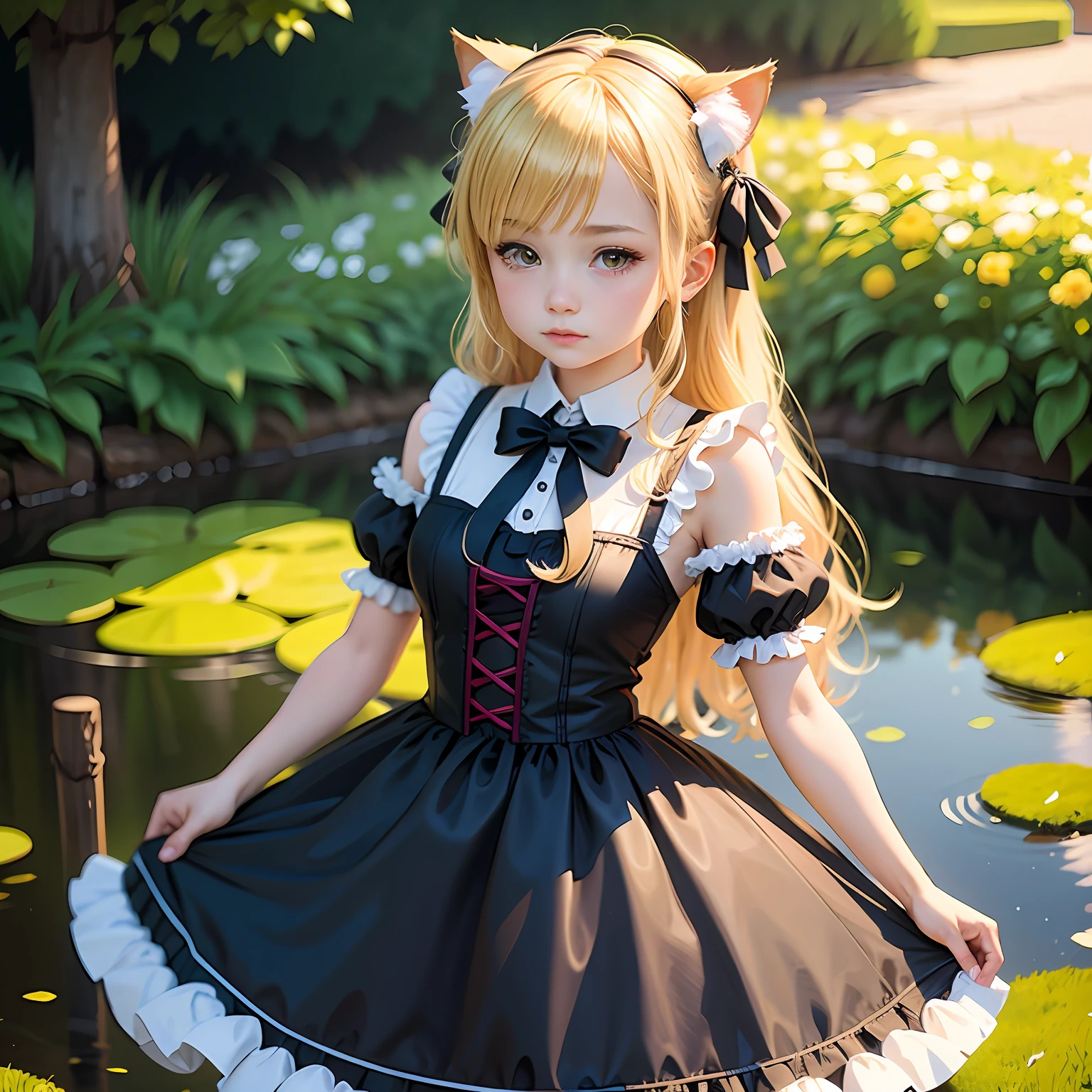 Blonde girl in dress and bow in pond, small curvaceous , cosplay of a catboy! maid! dress, Anime girl cosplay, lolidress, very beautiful cute catgirl, Very beautiful anime cat girl, cute anime waifu in a nice dress, anime girl in a maid costume, Guviz-style artwork