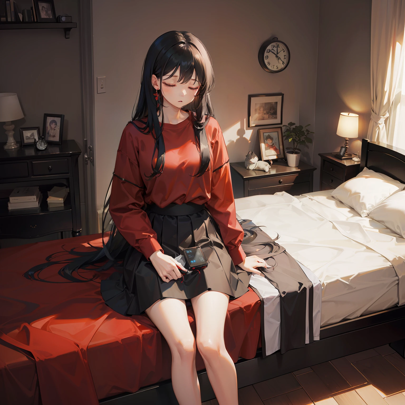 masterpiece、hightquality、vivd colour、(((Long Black Hair)))、(((Red Shirt)))、(((a black skirt)))、(((sleep)))、(((Numerous alarm clocks)))
