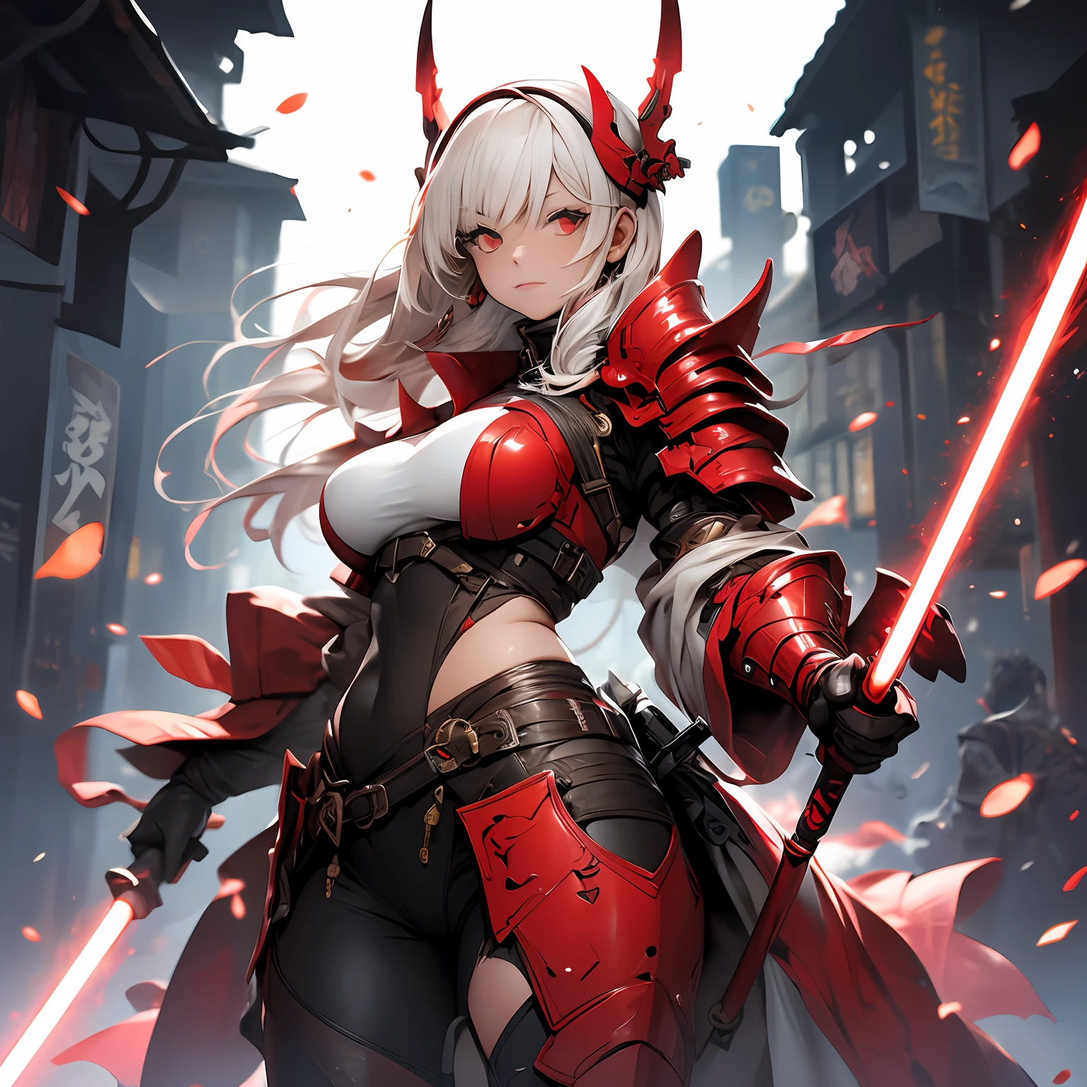 (masterpiece), (best quality), (1girl), solo, perfect body, bodysuit, red armor, Japanese traditional armor, shogun armor, big breast, (red glowing eyes)