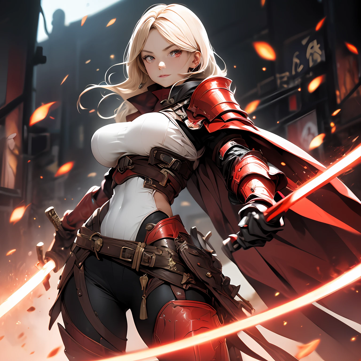 (masterpiece), (best quality), (1girl), solo, perfect body, bodysuit, red armor, Japanese traditional armor, shogun armor, big breast, (red glowing eyes)