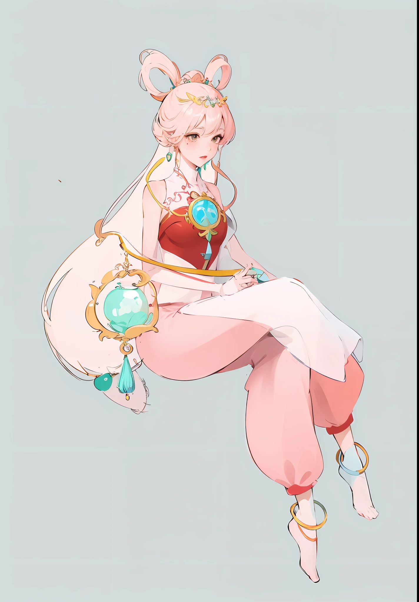 Anime girl with pink clothes,Suspended in the air, highly detailed exquisite fanart, a human-like juicy peach, made with anime painter studio, lady palutena, seagulls, peach princess), High-quality fanart, Anime princess, Humanoid pink sitting girl,Blue lantern in hand, Detailed fanart, Anime goddess, line art in colour, Metal ornaments are embellished,There is a Philosopher's Stone hanging from the chest