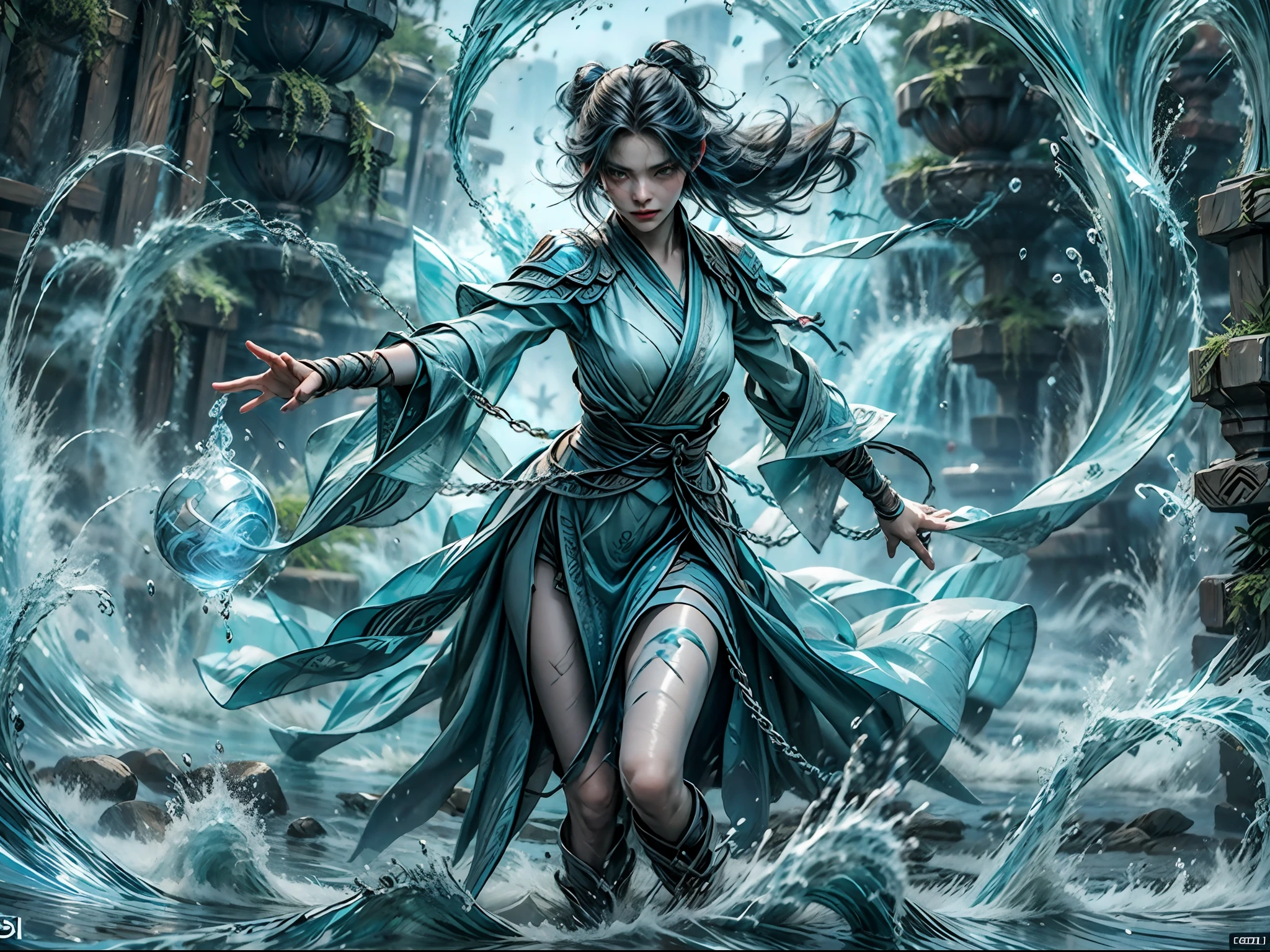 a beautiful demonic sorceress conjuring water casting a water spell,standing and looking at viewers, various water chains around her,(((detailed perfect face))),light smile, beautiful face, seductive body,tall body, mature body, BREAK water aura, water spear, water balls , water flow through her body, floating with a movement of her hand, blue transparent water splash dazzling around, water phoenix flying in the background, pure water on the ground just enough to cover her feet, water bender, floating water, water flows freely in the air,sexy body BREAK,Detailed,Realistic,4k highly detailed digital art,octane render, bioluminescent, BREAK 8K resolution concept art, realism,by Mappa studios,masterpiece,best quality,official art,illustration,ligne claire,(cool_color),perfect composition,absurdres, fantasy,focused