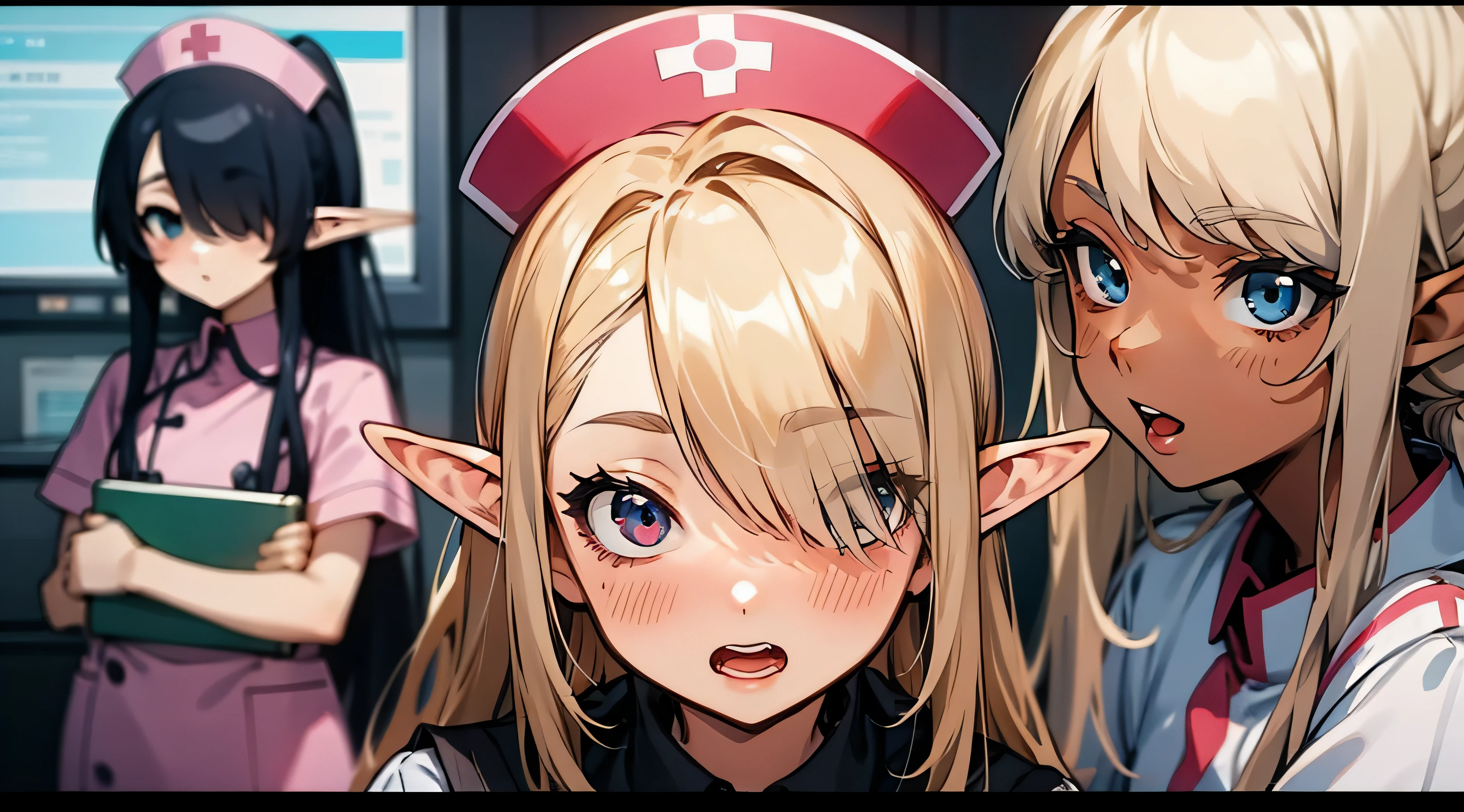 （darkskinned、skin tanned、elvish）、（（（Hair over one eye、asymmetrical bangs）））、ite girl in、A girry long bangs、straight haired、very long transverse hair、Small open mouth、a blond、hospitals、Nurse、blush、closing eye、anime screen cap、Futomo、Have a binder、Stockings、Big Ponytail