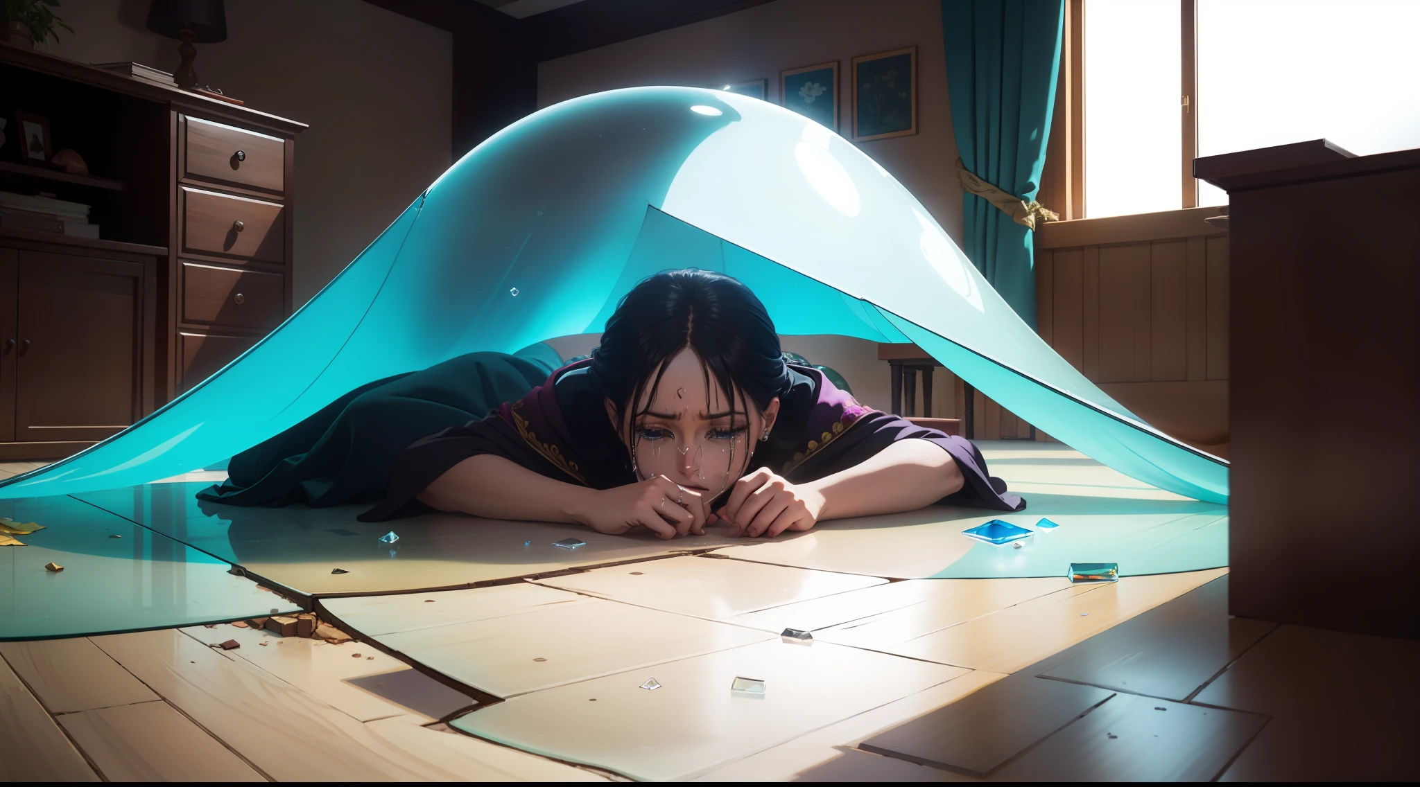 Living room on the ground,A piece of glass,The woman crawled on the table and cried