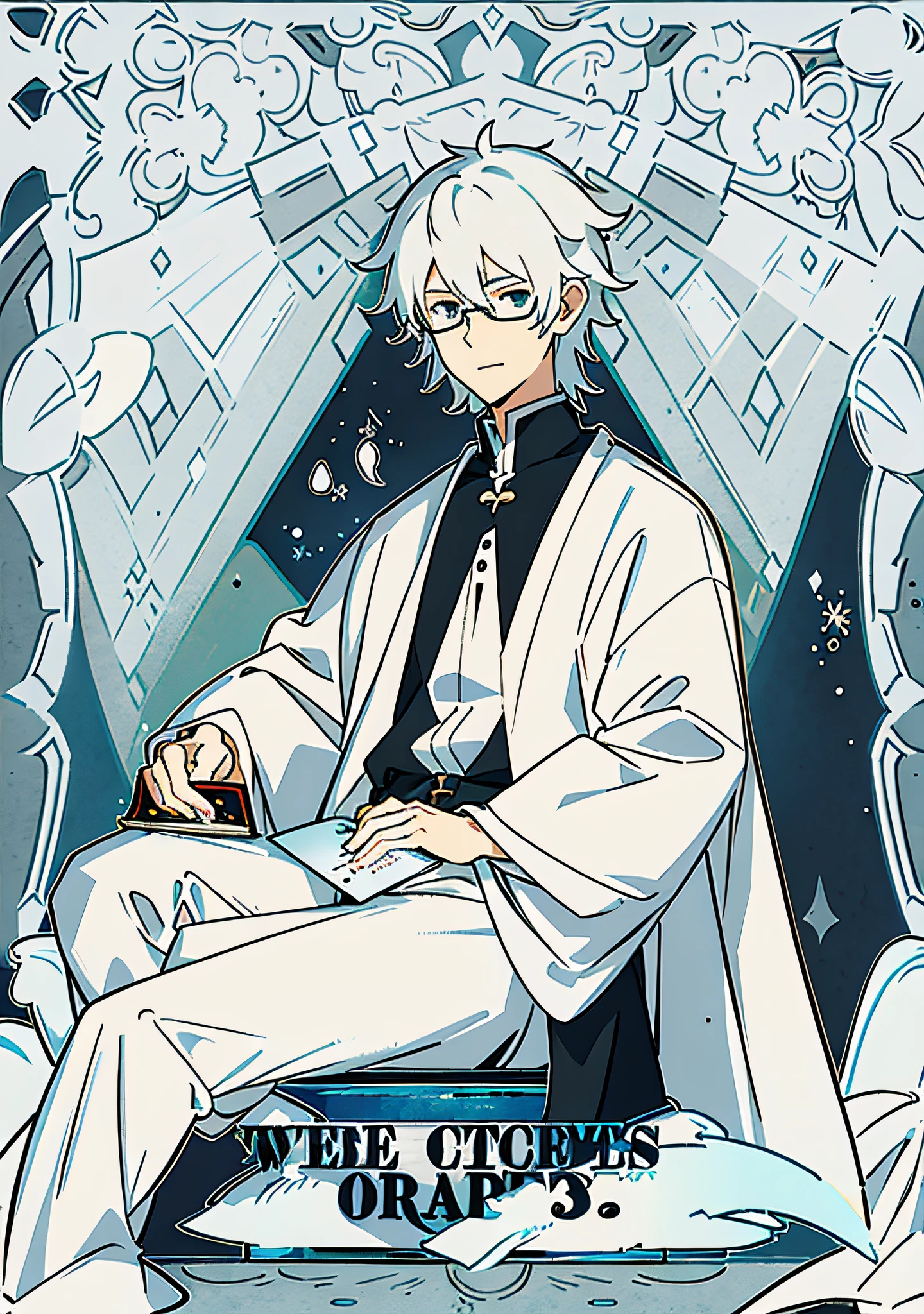 Handsome male,White color hair,ssmile,middle score,Single spectacle lenses,Pen in hand,Dressed in a white suit,A polite expression,Write novels,Expression of undivided attention,Fusion of the Dragon King Ninja Goto art style