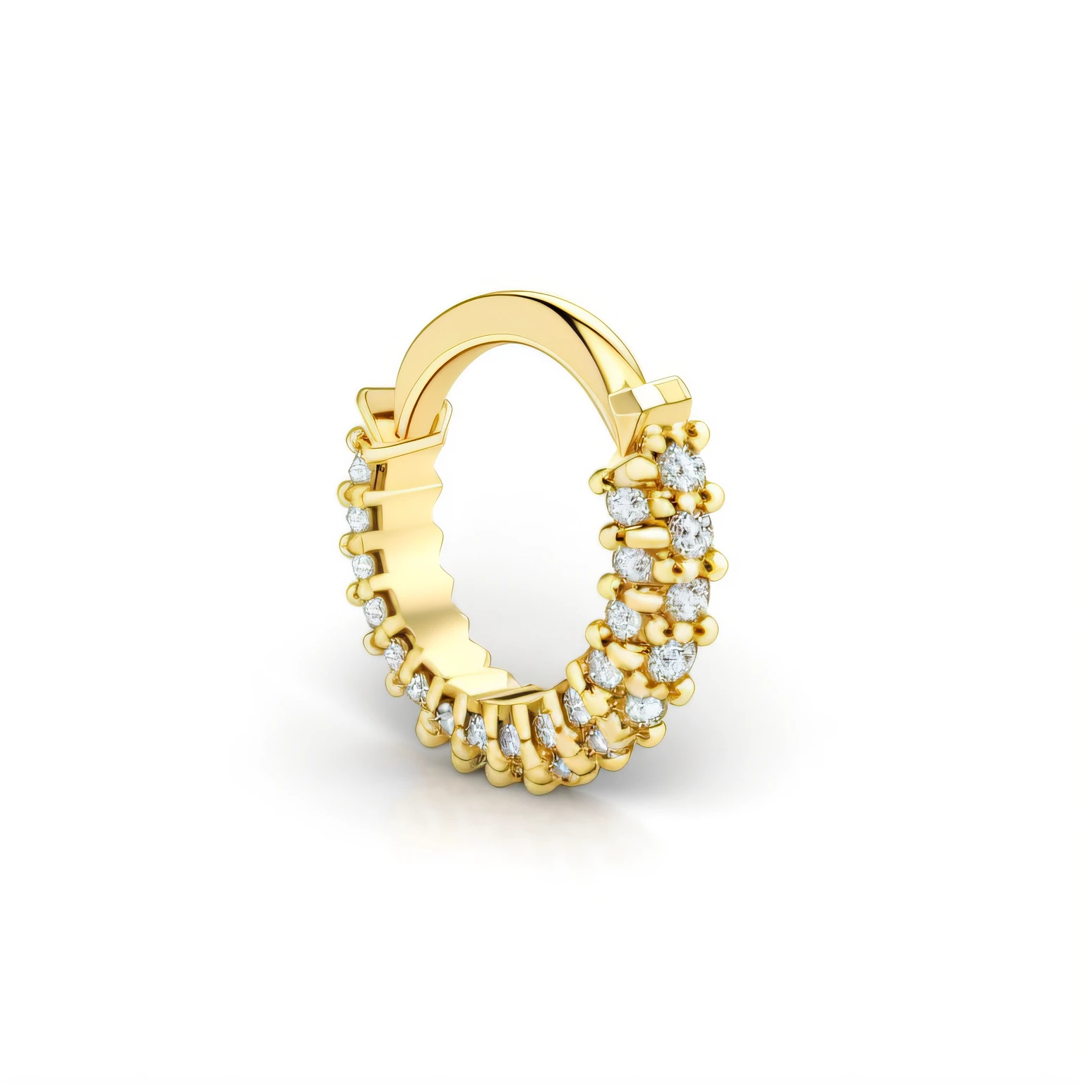 um close up de um anel de ouro com diamantes, anel nasal, Brincos de aro de ouro, banhado a ouro, 3D 16K, brinco de ouro, full-length view, ouro dourado e diamantes, next gen, 360, pequenos brincos cravejados, 9 mil, 9k, Golden Circle Halo, com pedras preciosas cintilantes no topo, coleira de piercings