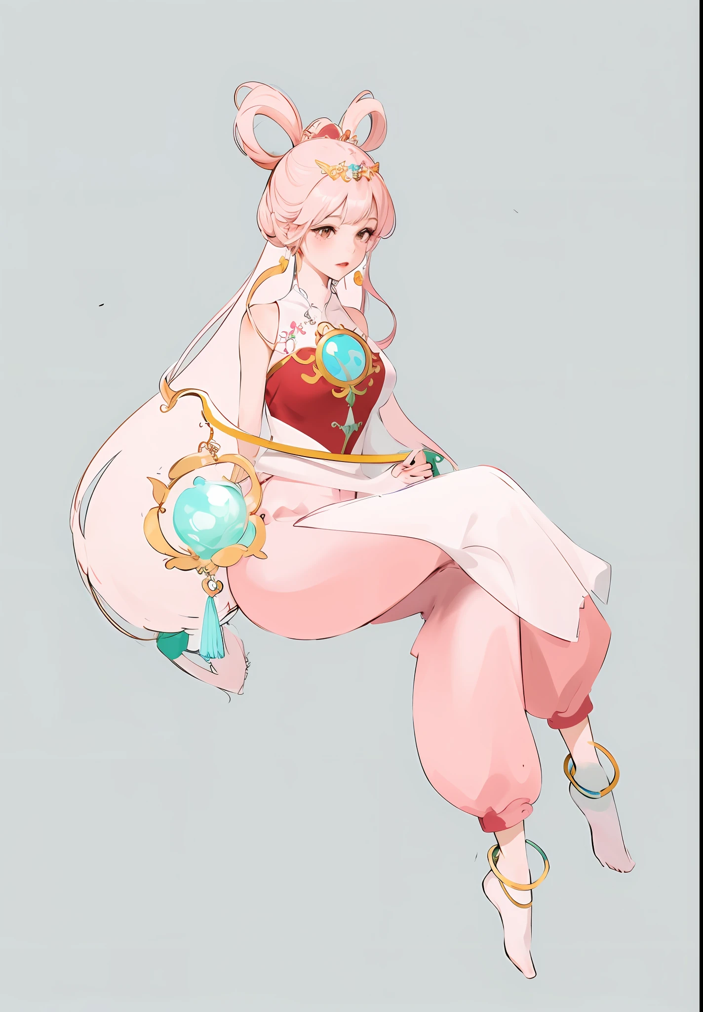 Anime girl with pink clothes,Suspended in the air, highly detailed exquisite fanart, a human-like juicy peach, made with anime painter studio, lady palutena, seagulls, peach princess), High-quality fanart, Anime princess, Humanoid pink sitting girl,Blue lantern in hand, Detailed fanart, Anime goddess, line art in colour, Metal ornaments are embellished,There is a Philosopher's Stone hanging from the chest