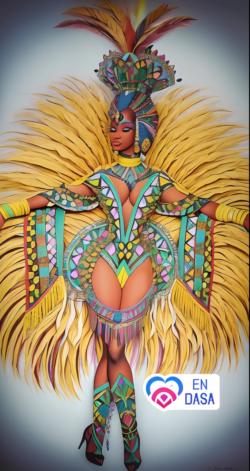 um close up de um desenho de uma mulher em um traje, Rainha africana, figurino intrincado, usando uma roupa ornamentada, traje elaborado, traje de joias, desenho colorido, Detalhes adicionais, desenho colorido, desenho colorido, terno de penas, pele escura deusa feminina do amor, Cores da Jamaica, detailed color pencil, afrofuturista, Directed by: Judith Gutierrez, Deusa do Sol Asteca