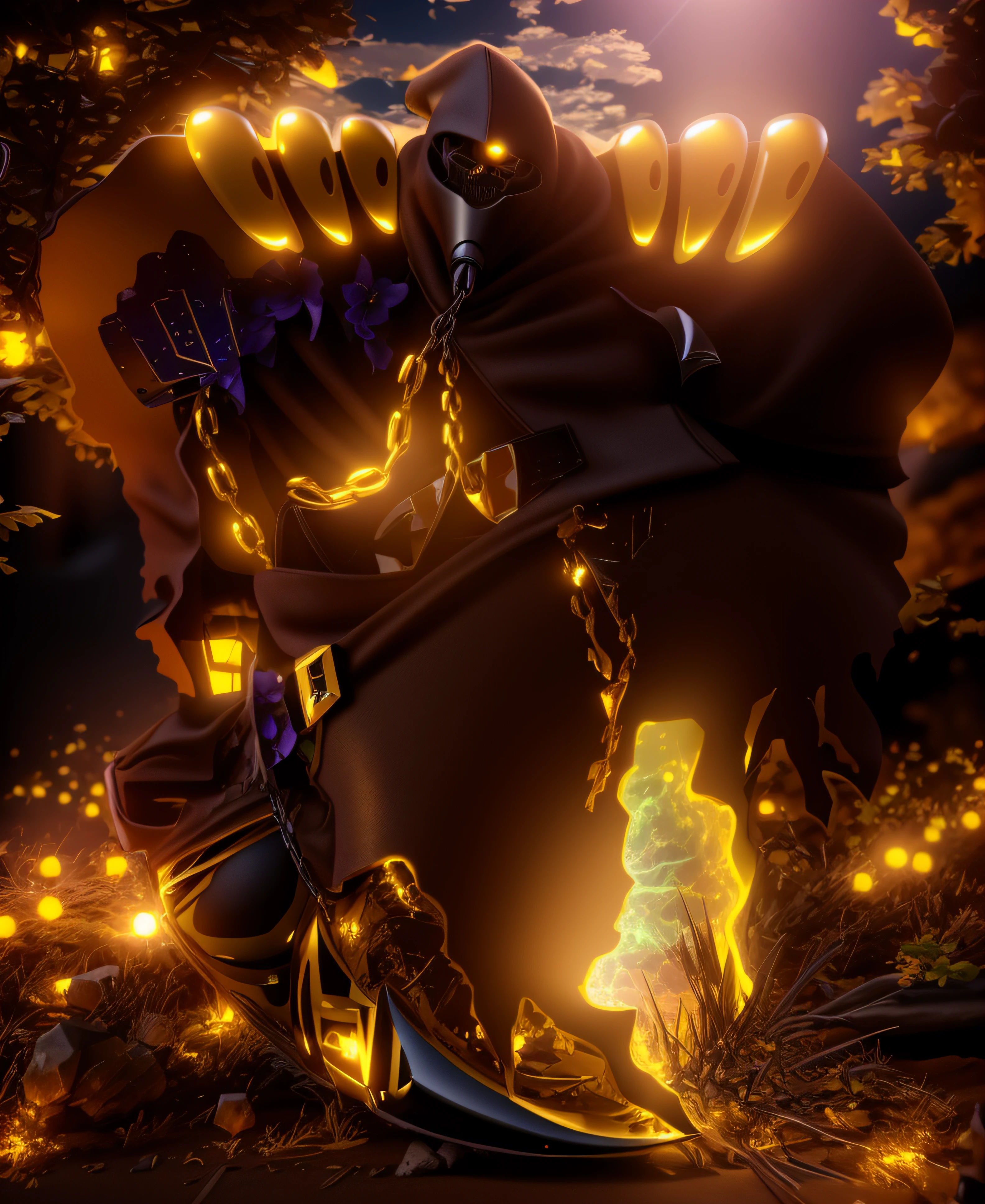 The imposing depiction of Death, preto com dourado, pele feita de neon amarelo, 3D-rendering, Hyper-realistic graphics, 3D-rendering, 8k, NVIDIA, RTX 4090 | | | | | | |, ray tracing, Bokeh, Galaxy scenery,