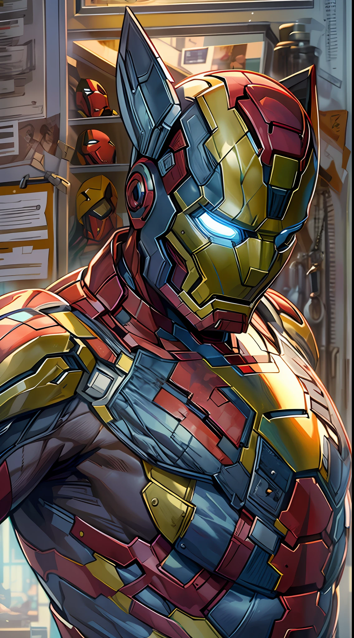 (RAW Photo, Best Quality), (Realistic, Photorealistic Photo: 1.3), Best Quality, Highly Detailed, Masterpiece, Ultra Detailed, Illustration, marvel cinematic universe, Iron Man + Wolverine from unique combination, huge jakeman in iron man suit, upper body, mascular, high detail on muscles, Best Quality, Extremely Detailed CG Unified 8k Wallpaper, Ink, Amazing, badass look, portrait, close up (skin texture), intricately detailed, fine details, hyperdetailed.