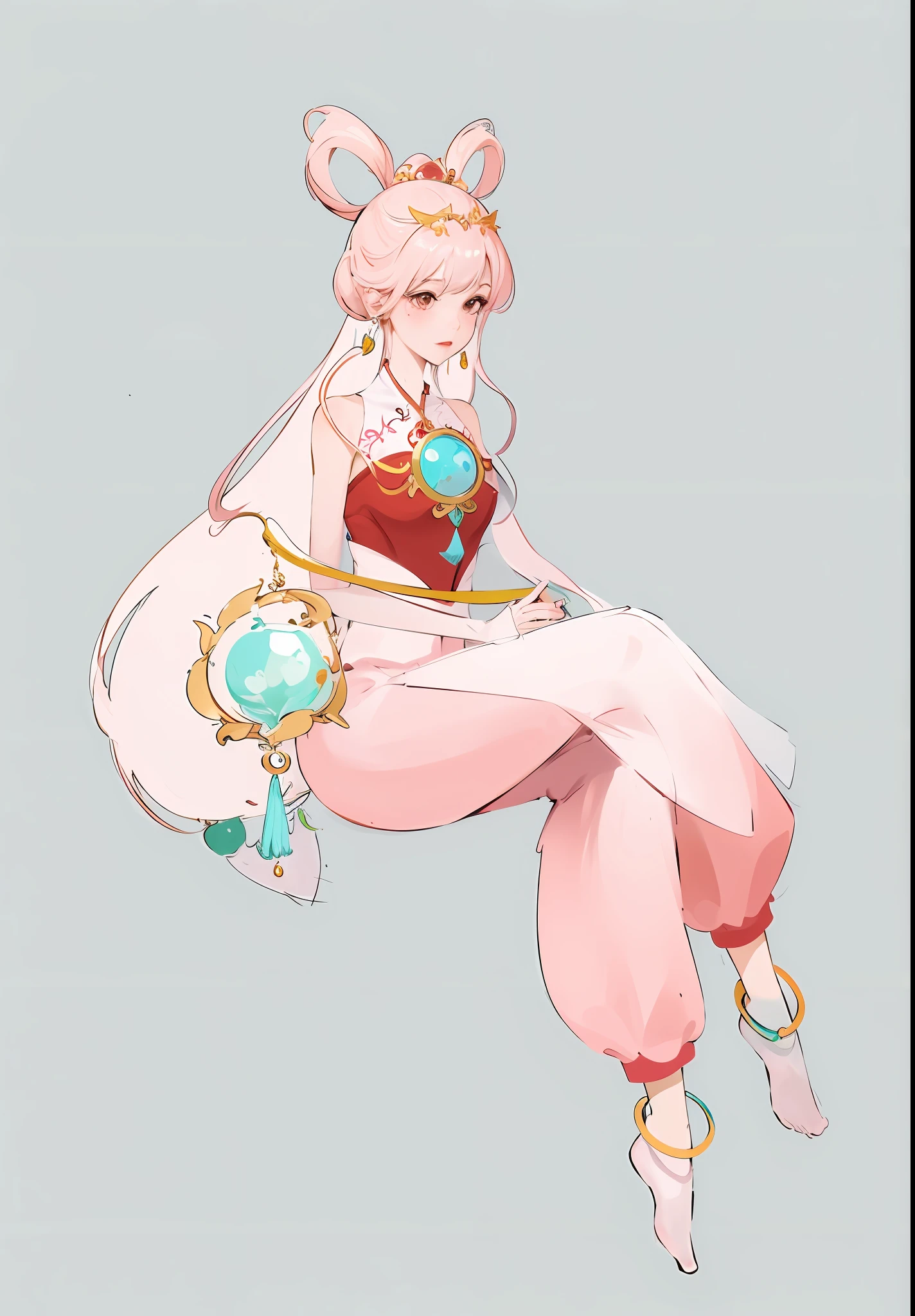 Anime girl with pink clothes,Suspended in the air, highly detailed exquisite fanart, a human-like juicy peach, made with anime painter studio, lady palutena, seagulls, peach princess), High-quality fanart, Anime princess, Humanoid pink sitting girl,Blue lantern in hand, Detailed fanart, Anime goddess, line art in colour, Metal ornaments are embellished,There is a Philosopher's Stone hanging from the chest