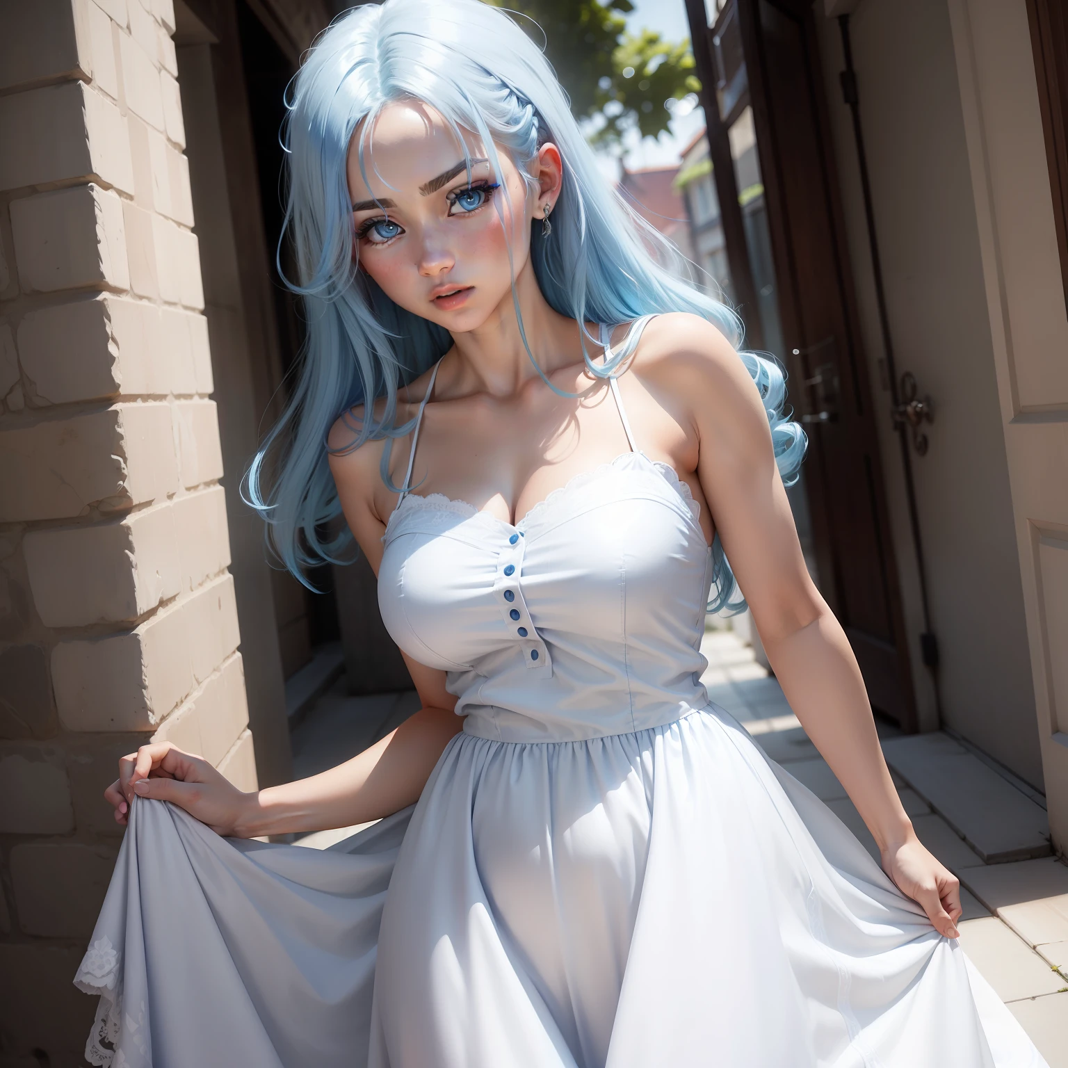 a women, blue hair, blue eyes, white dress