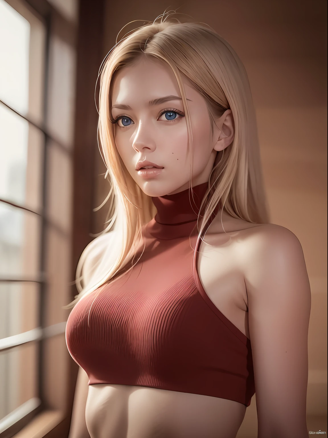 maryms, Best Quality, (beauty), 1girl, phisically-based render ,ultra highres, narrow waist, skinny, (red), turtleneck, blue eyes, puffy eyes, shiny skin, eyes focus, detailed face, detailed eyes, european youth