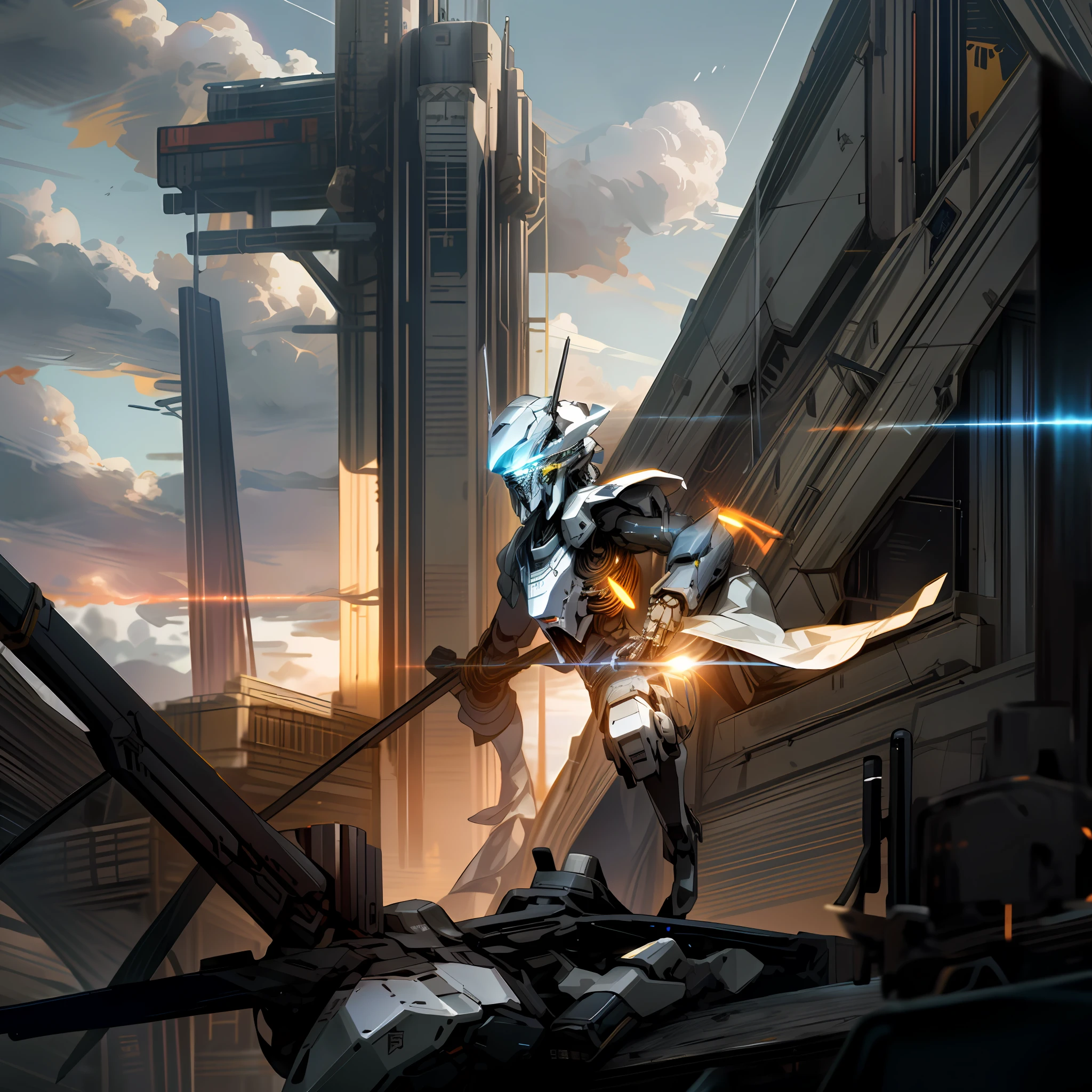 Skysky,clouds,Take weapons,without humans,with light glowing,droid,buliding,Glowing eyes,mechs,scientific fiction,城市,Realistis