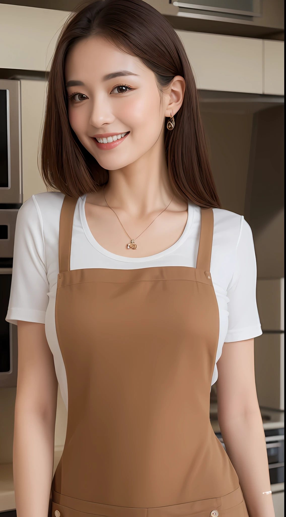 (Best quality, 8k, masterpiece: 1.3), a beautiful woman with perfect figure: 1.4, dark brown hair, wearing a pendant, wearing an apron, in the kitchen, highly detailed face and skin, detailed eyes, double eyelids, big breasts, smile