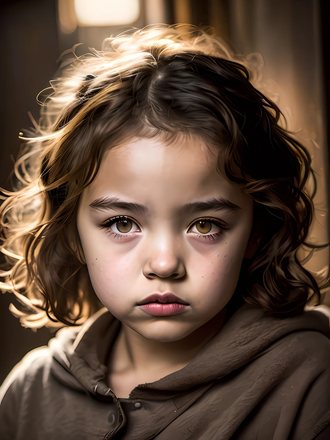 close up war photo of a little and homeless girl ((dressing an old torn clothes)), (shy), 1girl, solo, brown and curly and messy hair, very detailed face, beautiful eyes, [chubby], adorable, with rosy cheeks and bright, sad eyes, stunningly beautiful, (Rembrandt Lighting), zeiss lens, ultra realistic, (high detailed skin:1.2), 8k uhd, dslr, Dramatic Rim light, high quality, Fujifilm XT3,