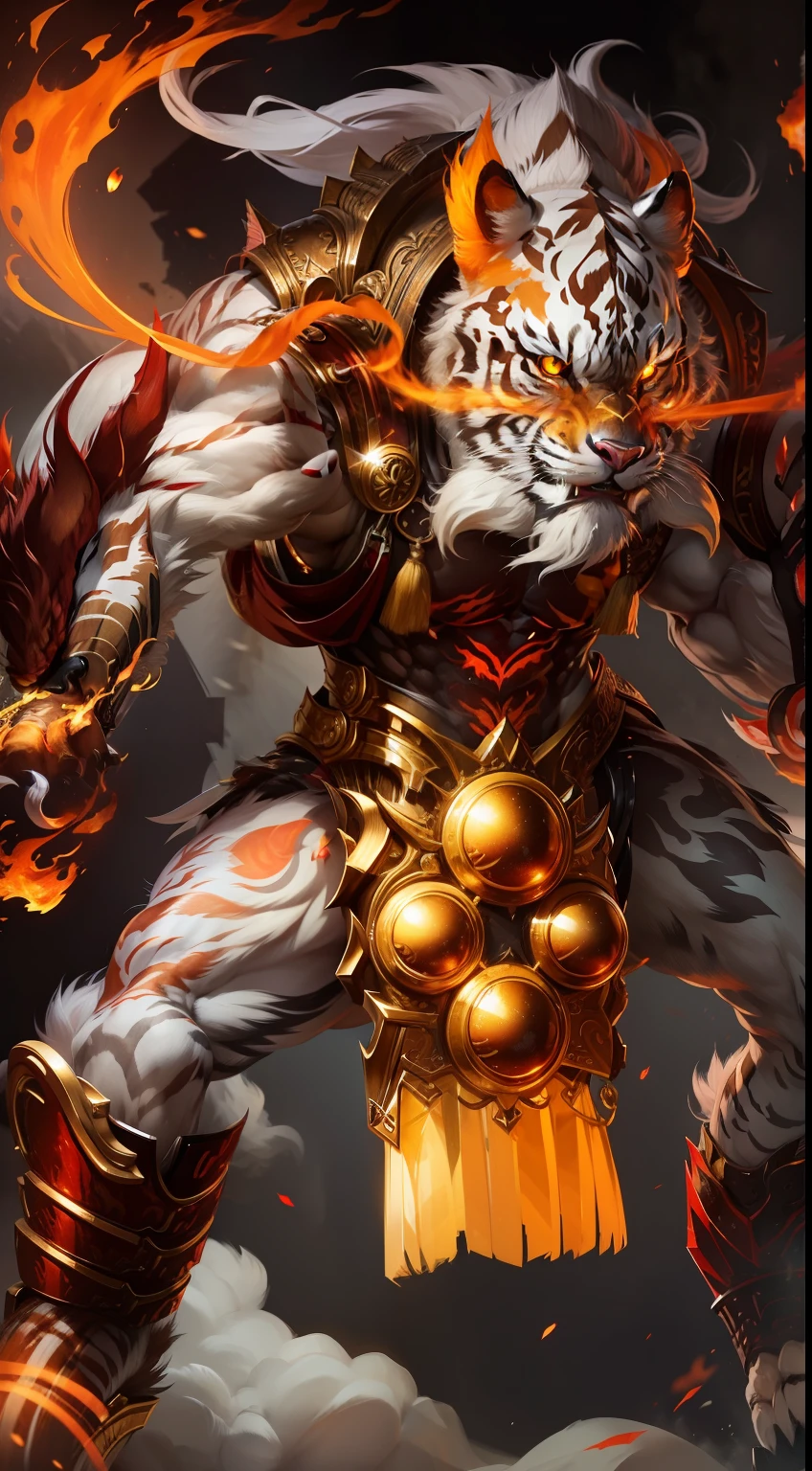 White Tiger,Eyes with red flames,Fierce and angry,Very long beard,Sharp and long claws,Golden paws