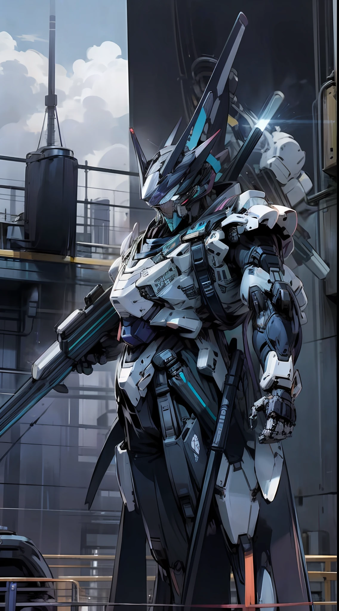 Raw foto,Dark_Fantasy, Cyberpunk, (Big Revolver, Hunter Man, Violet: 1.1), 1man, Mechanical Wonder, Robotic Presence, Cybernetic Guardian, White, black, blue, soldier Gundam, extremely high detailed, half-body, Hold A Giant bazooka, blue cat, cat, cat Gundam, white, Beast, (half body),