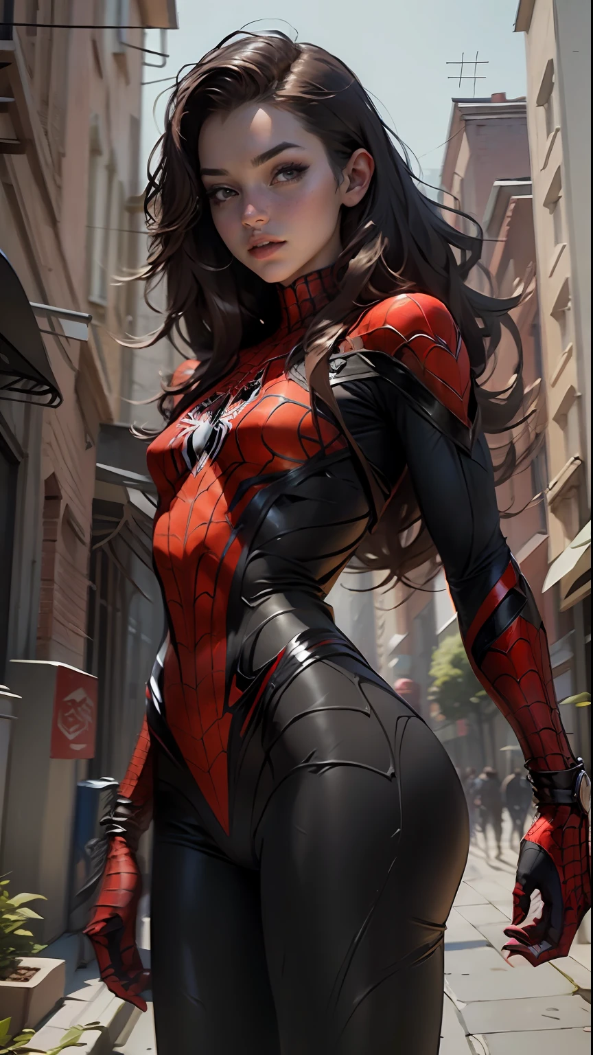 Beautiful woman detailed defined body using spider man cosplay, small breasts