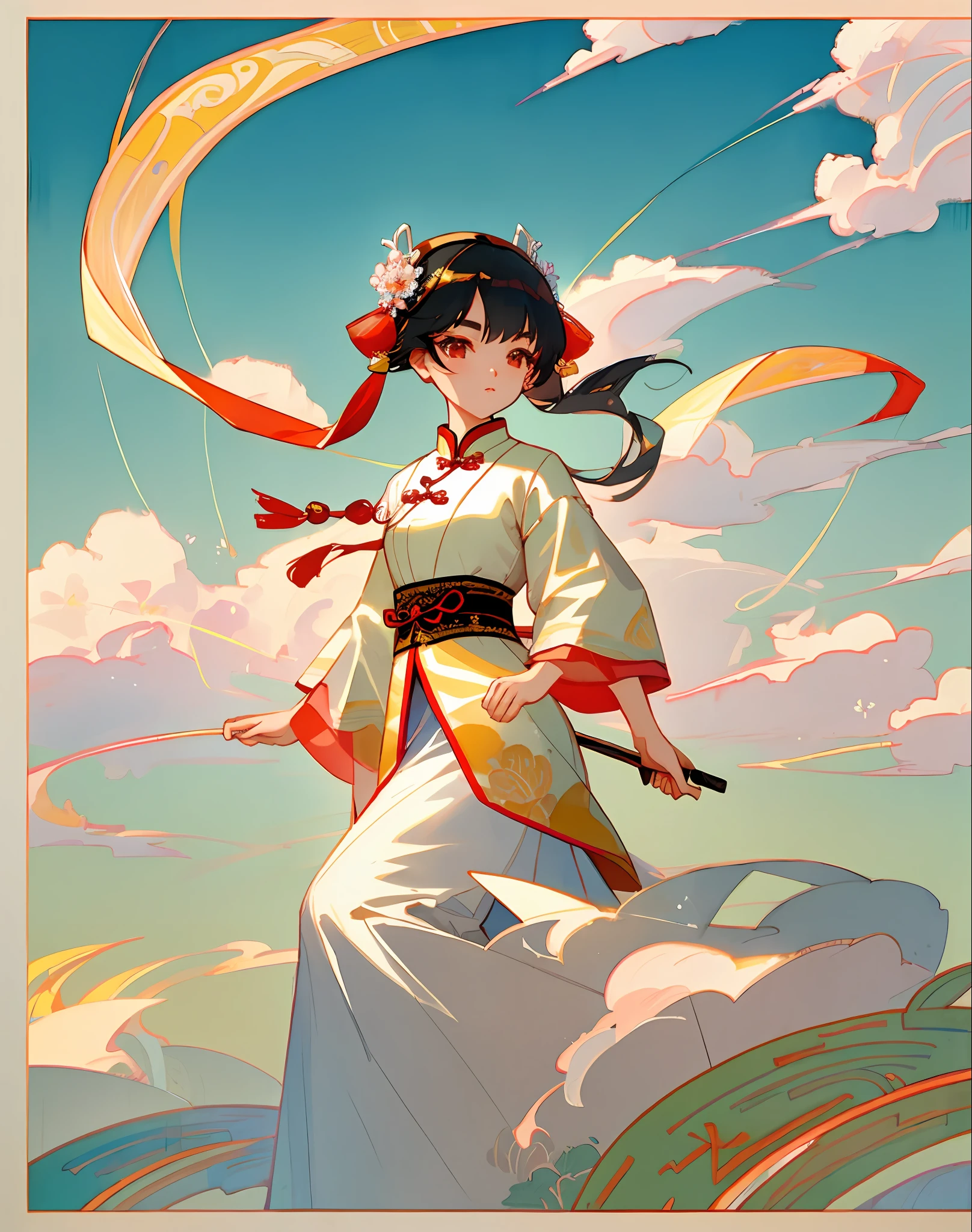 A beautiful Chinese girl, wearing peony hair accessories, wearing ancient Chinese clothing, beautiful details, rich light, beautiful female body, lancet eyebrow, meticulous eyes, flowing skirt, floating clouds, watercolor, ink painting, harmonious and unified tone, Xin Qi rendering, perfect art, fresh color background, ancient Chinese artist Qiu Ying style, soft shadow, Clean sharp focus, cinematography, center composition, poster design, cinematography, Panorama, 32K, -- v 6