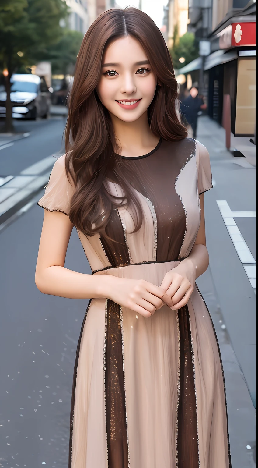 ((Best quality, 8k, Masterpiece :1.3)), 1girl, smiling, full body, slim face, Pretty woman, (Dark brown hair), full length dress :1.1, Ultra-detailed face, Detailed eyes, Double eyelid, blur background, slim face, city, outside, street,
