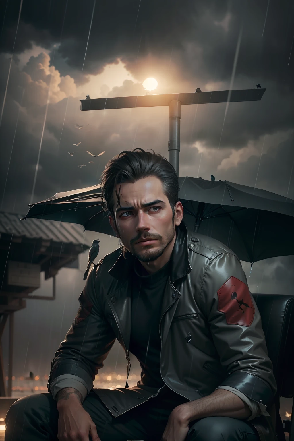 Change the background with pleasant environment, keep the same outfit,men, add the birds in the sky , cinematic , smoky effect , rain with stroms, ultra realistic,8k