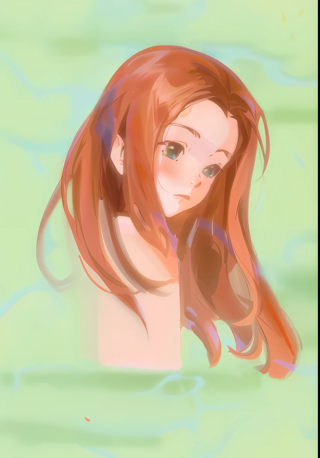 There is a painting of a woman with long hair in the water, soft digital painting, drawn in anime painter studio, made with anime painter studio, Soft portrait, Soft anime illustration, speedpaint, semirealistic anime style, colored sketch, anime realism style, smooth. Digital painting, A digital painting, Anime style portrait, digital paining