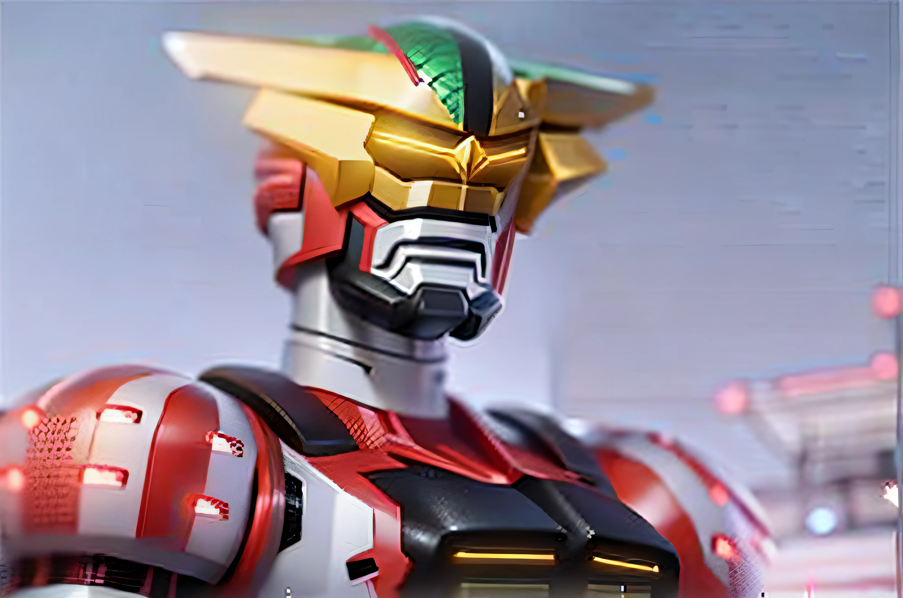 mechs, Tokusatsu, With smooth metal armor,covered in full metal armor,Close-up of helmet and red and white uniform, kamen rider character,toei, Kamen Rider, high fantasy kamen rider, metalictexture,high qulity