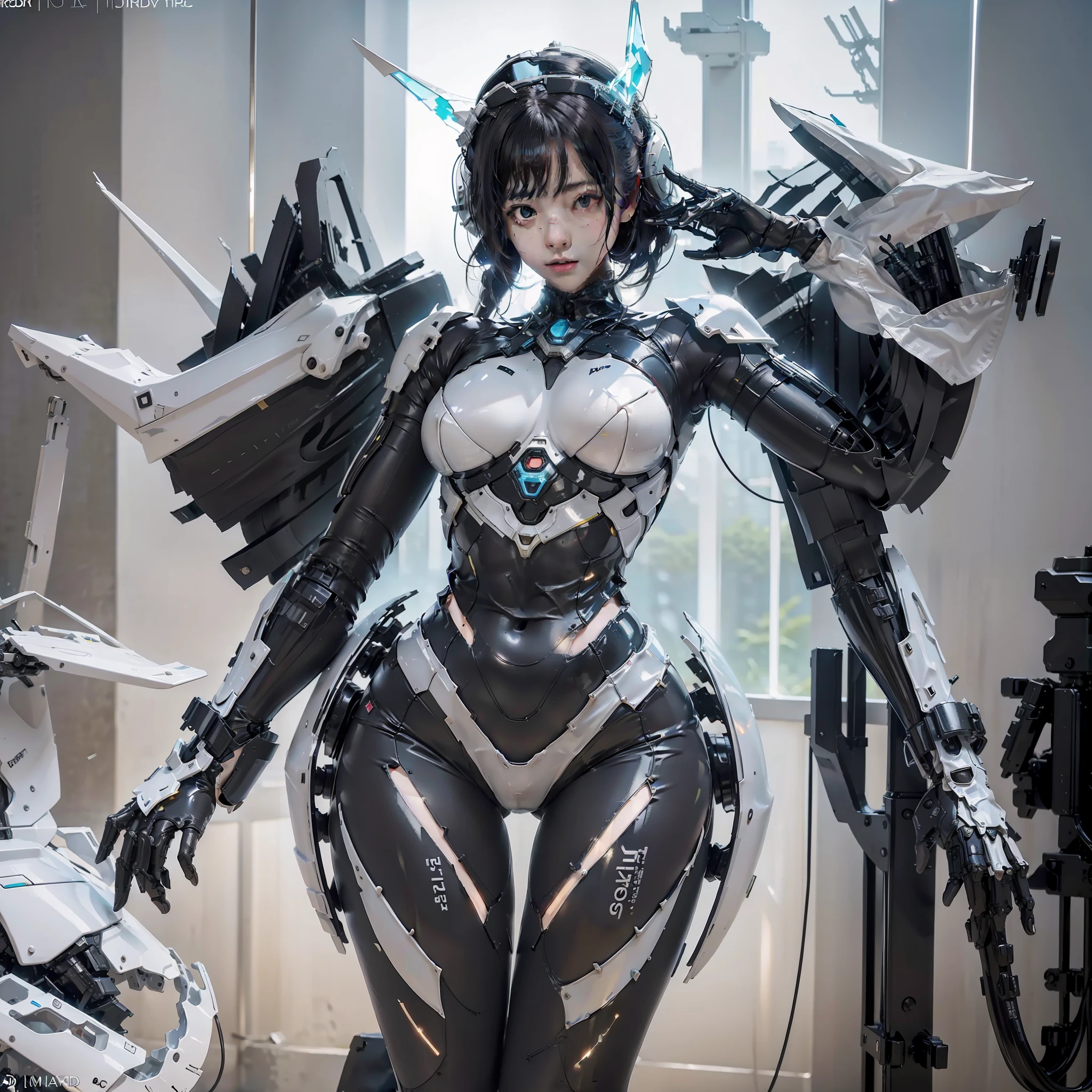 Full body photo of 1 girl wearing transparent tights，Transparent mech，Expose the face，Transparent helmet：1.2，Transparent Goggles：1.2，dreamy glow，Ren，White background，（globalillumination，Ray traching，hdr，The rendering is not realistic，reasonable design，high detal，tmasterpiece，Best quality at best，hyper HD，cinmatic lighting）Inspired by mech characters