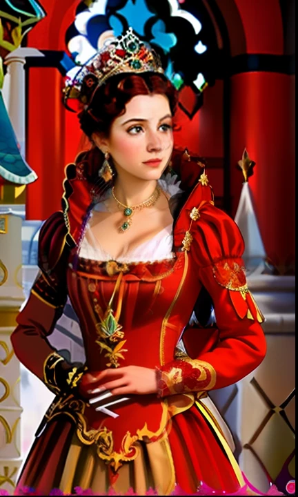 um close up de uma mulher com um vestido vermelho em frente a um castelo, inspirado em Thyrza Anne Leyshon, vestindo uma roupa de nobre, A Rainha Vermelha, inspirado em Aramenta Dianthe Vail, inspirado em Ambrosius Benson, Senhora na armadura vermelha, 1 7th-century duchess, Rainha Margarida de Saboia, Majestade em roupas nobres, pixar, realista