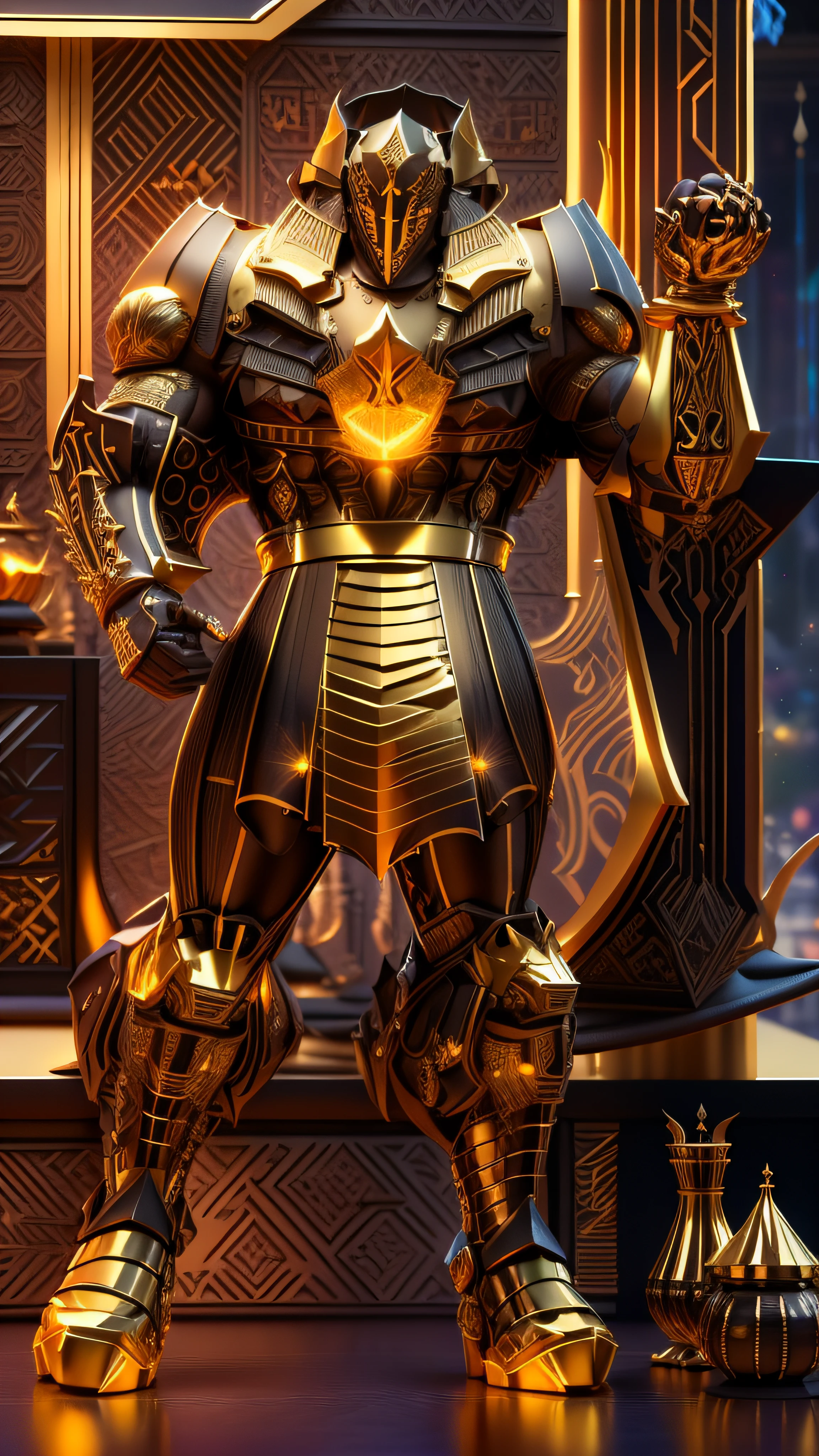 An imposing pharaoh, preto com dourado, coxas feitas de neon amarelo, Yellow flame emanating from the arm, 3D-rendering, Hyper-realistic graphics, 3D-rendering, 8k, NVIDIA, RTX 4090 | | | | | |, ray tracing, Bokeh, Galaxy scenery,