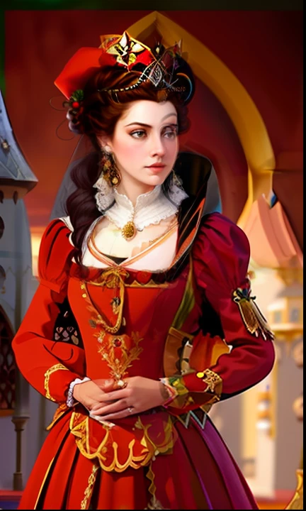 um close up de uma mulher com um vestido vermelho em frente a um castelo, inspirado em Thyrza Anne Leyshon, vestindo uma roupa de nobre, A Rainha Vermelha, inspirado em Aramenta Dianthe Vail, inspirado em Ambrosius Benson, Senhora na armadura vermelha, 1 7th-century duchess, Rainha Margarida de Saboia, Majestade em roupas nobres, pixar, realista